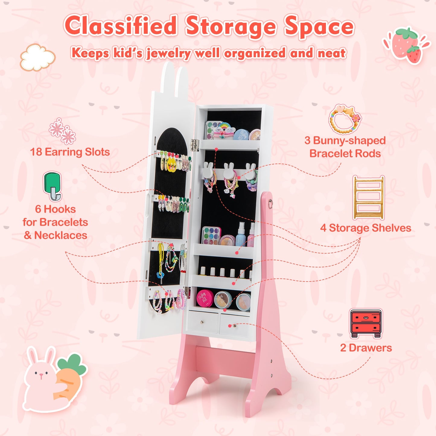 Kids Jewelry Armoire Cabinet with 2 Tilt Angles and Large Capacity-White Kids Crystal