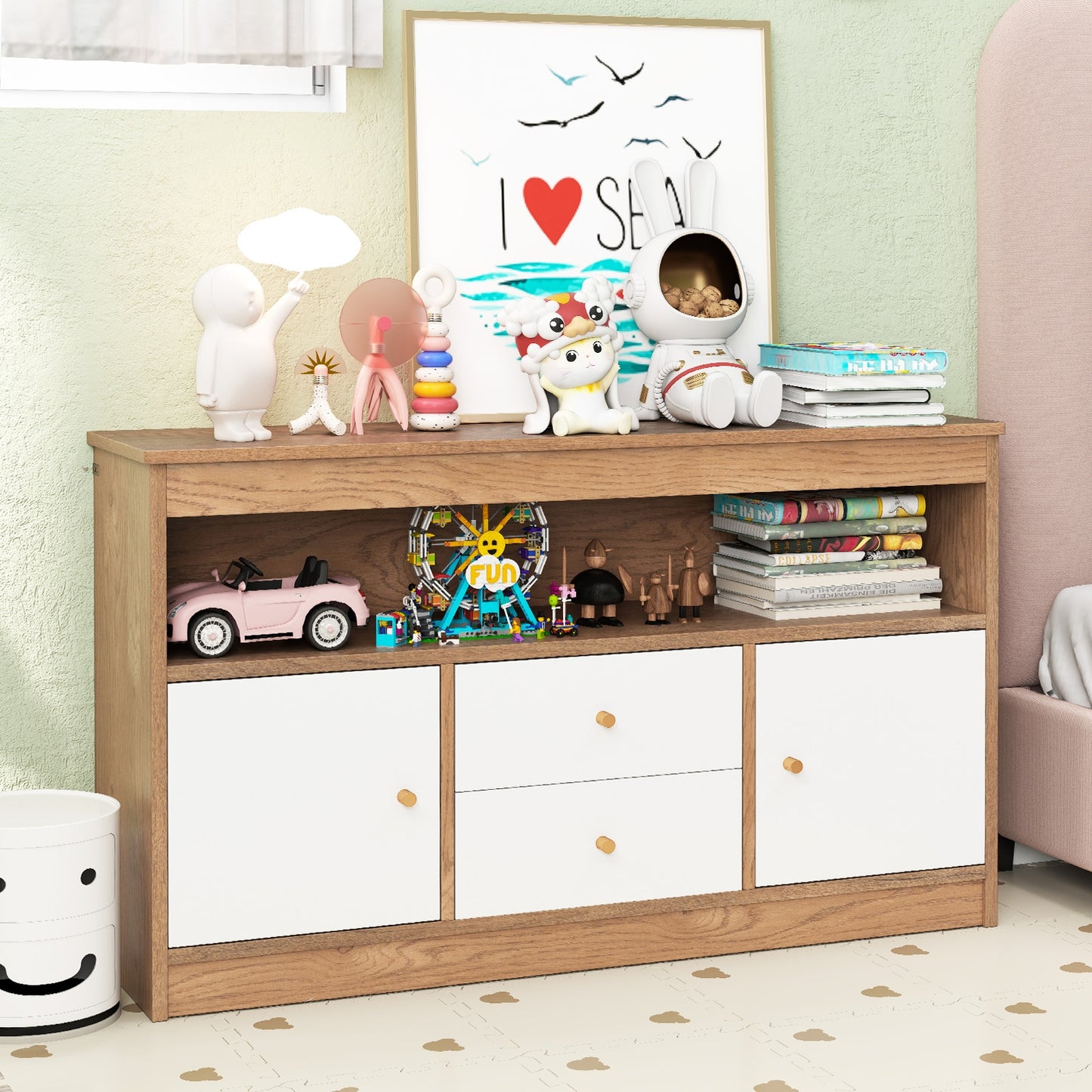 Kids Toy Storage Organizer with Open Shelf and 2 Drawers for Playroom-Natural Kids Crystal