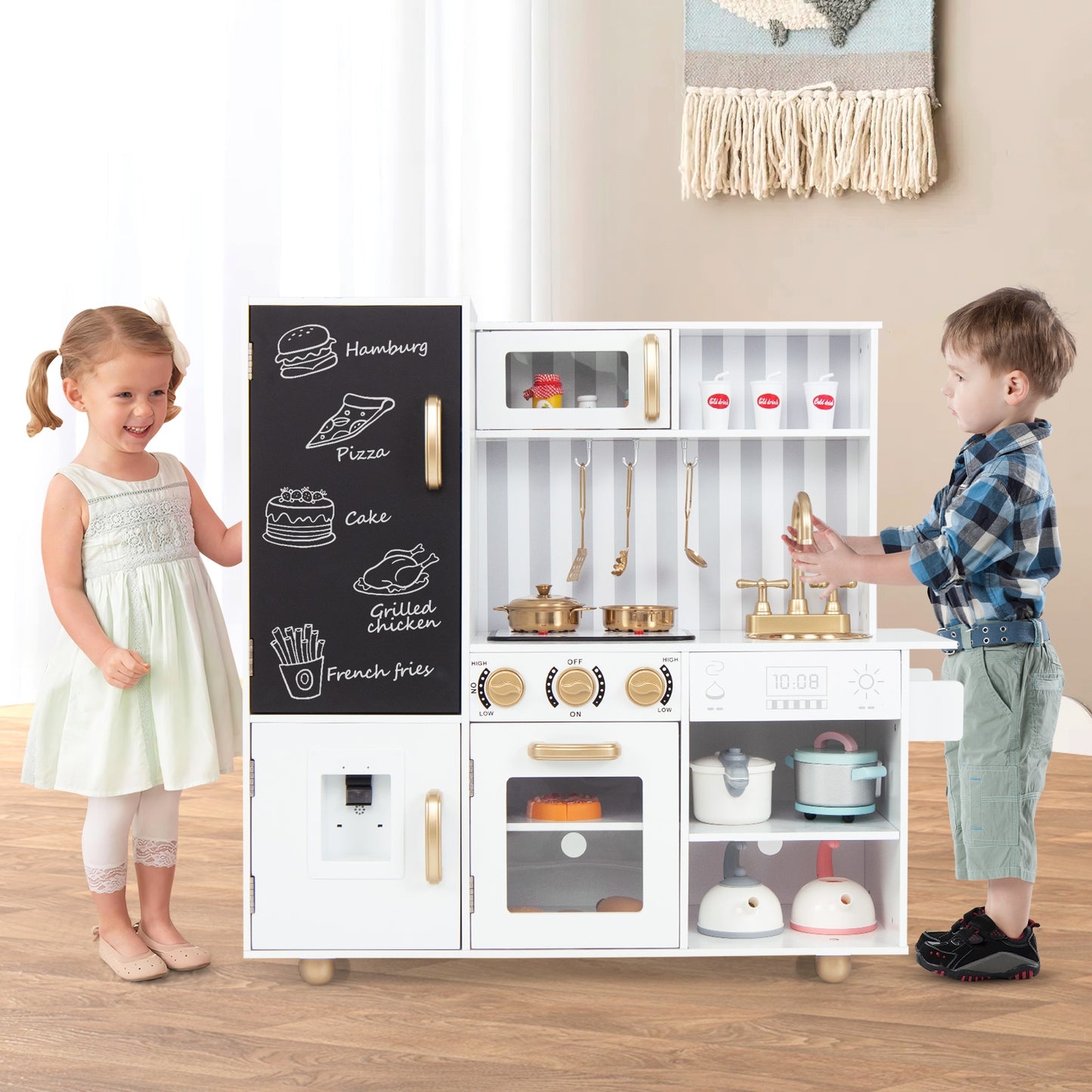 Pretend Play Kitchen for Kids with Real Sounds and Lights-White Kids Crystal