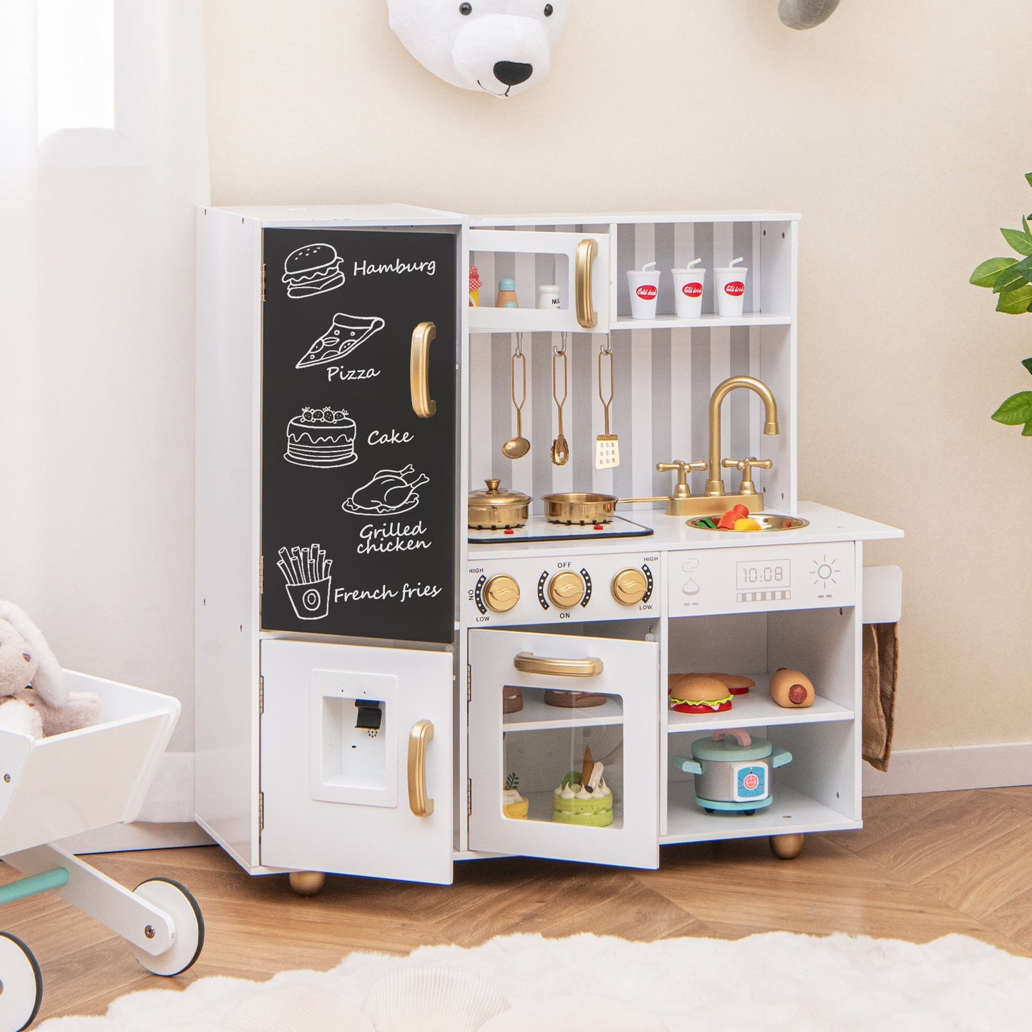 Pretend Play Kitchen for Kids with Real Sounds and Lights-White Kids Crystal