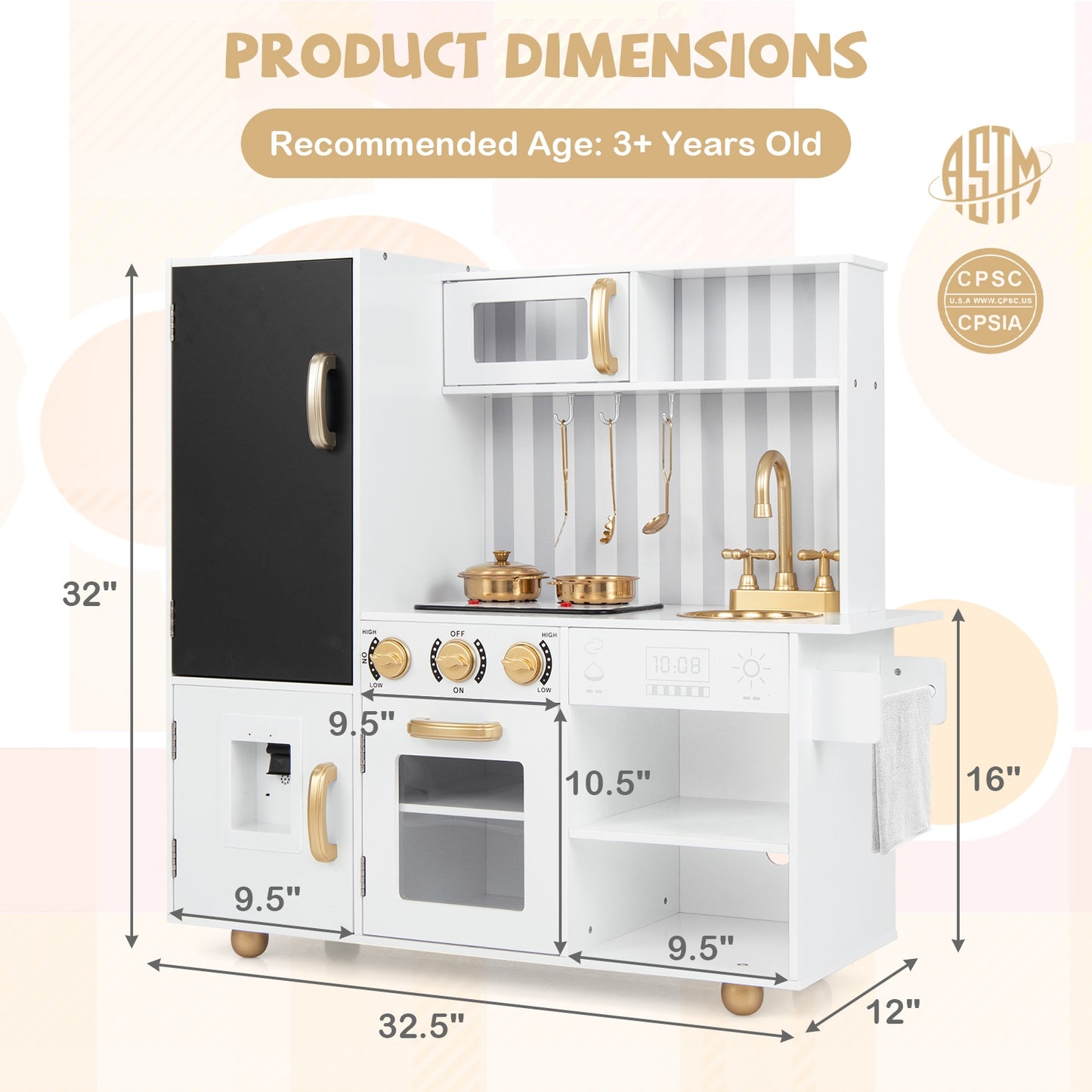 Pretend Play Kitchen for Kids with Real Sounds and Lights-White Kids Crystal