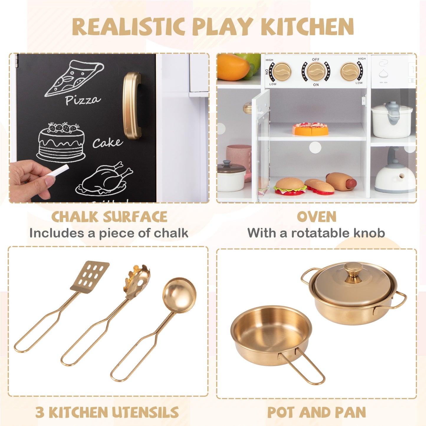 Pretend Play Kitchen for Kids with Real Sounds and Lights-White Kids Crystal