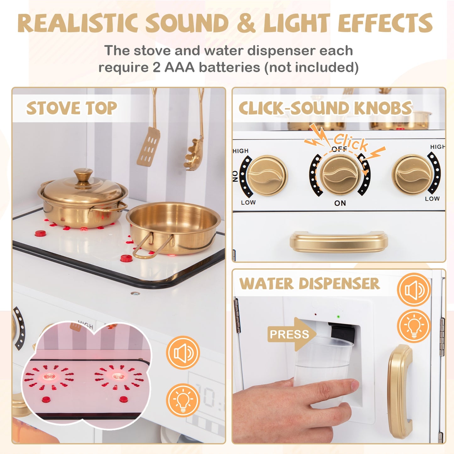 Pretend Play Kitchen for Kids with Real Sounds and Lights-White Kids Crystal