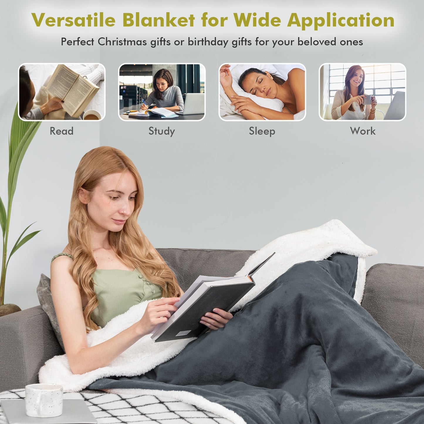 Electric Heated Blanket Throw Reversible Flannel and Sherpa Blanket-Gray Kids Crystal