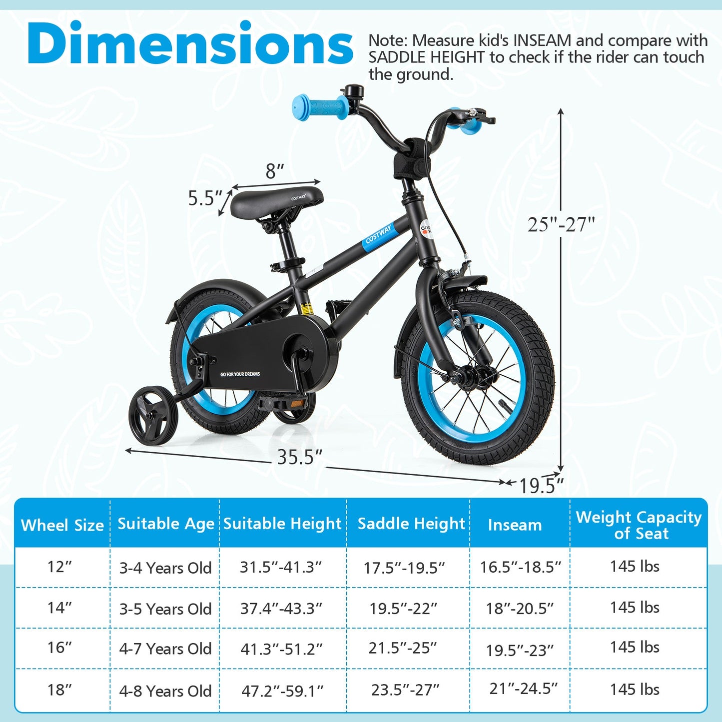 Kids Bike with Adjustable Handlebar and Saddle Black-12 Inches Kids Crystal