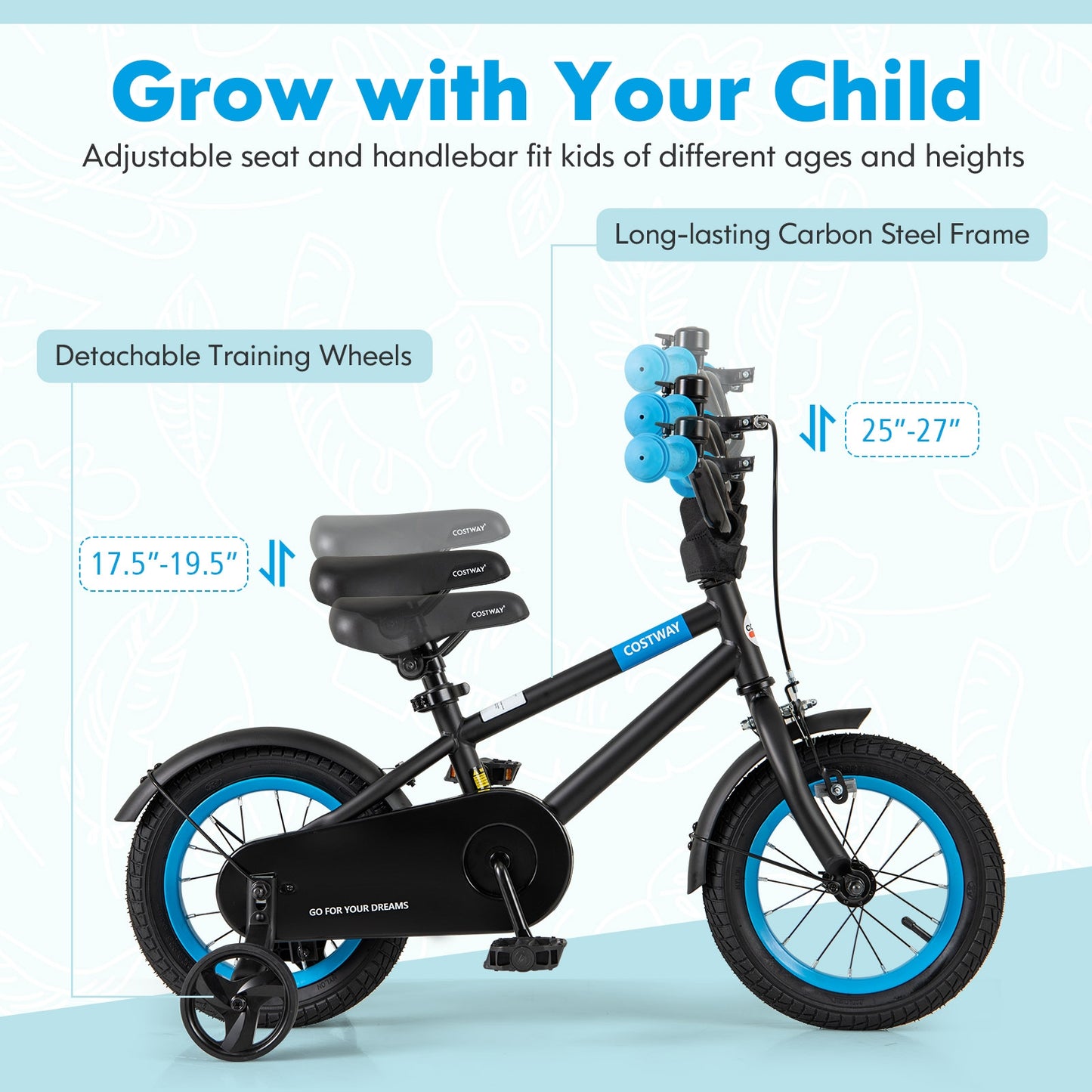 Kids Bike with Adjustable Handlebar and Saddle Black-12 Inches Kids Crystal