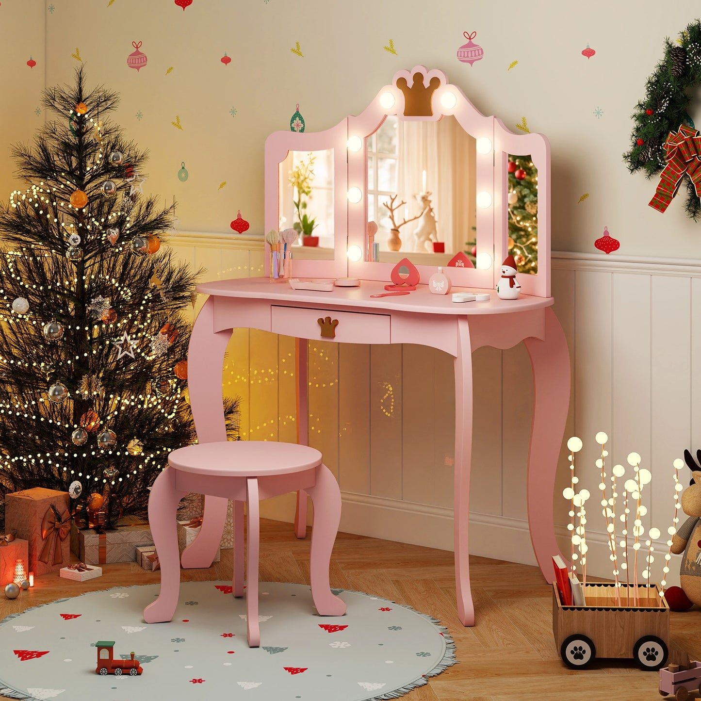 Kids Vanity Set with Tri-fold Lighted Mirror Detachable Top and Stool-Pink Kids Crystal