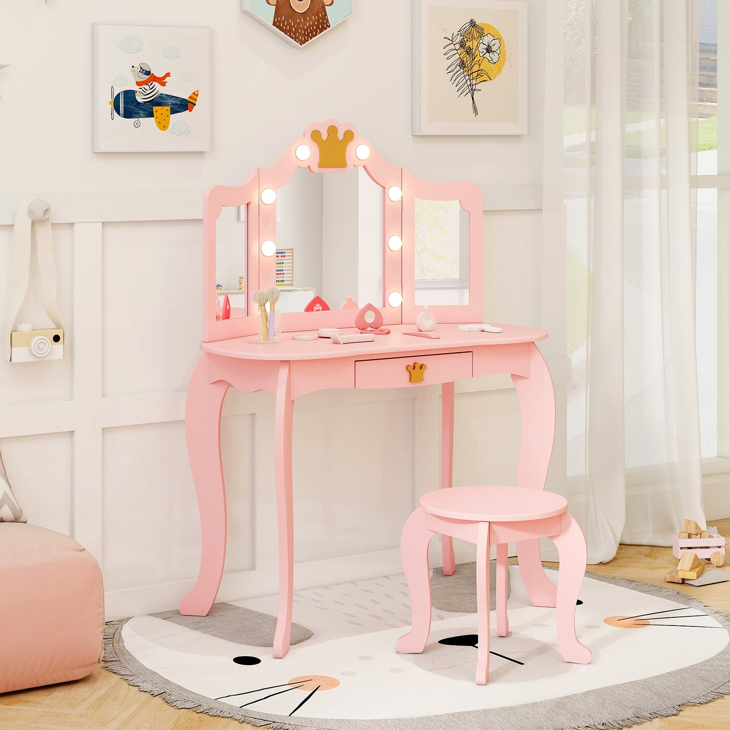 Kids Vanity Set with Tri-fold Lighted Mirror Detachable Top and Stool-Pink Kids Crystal