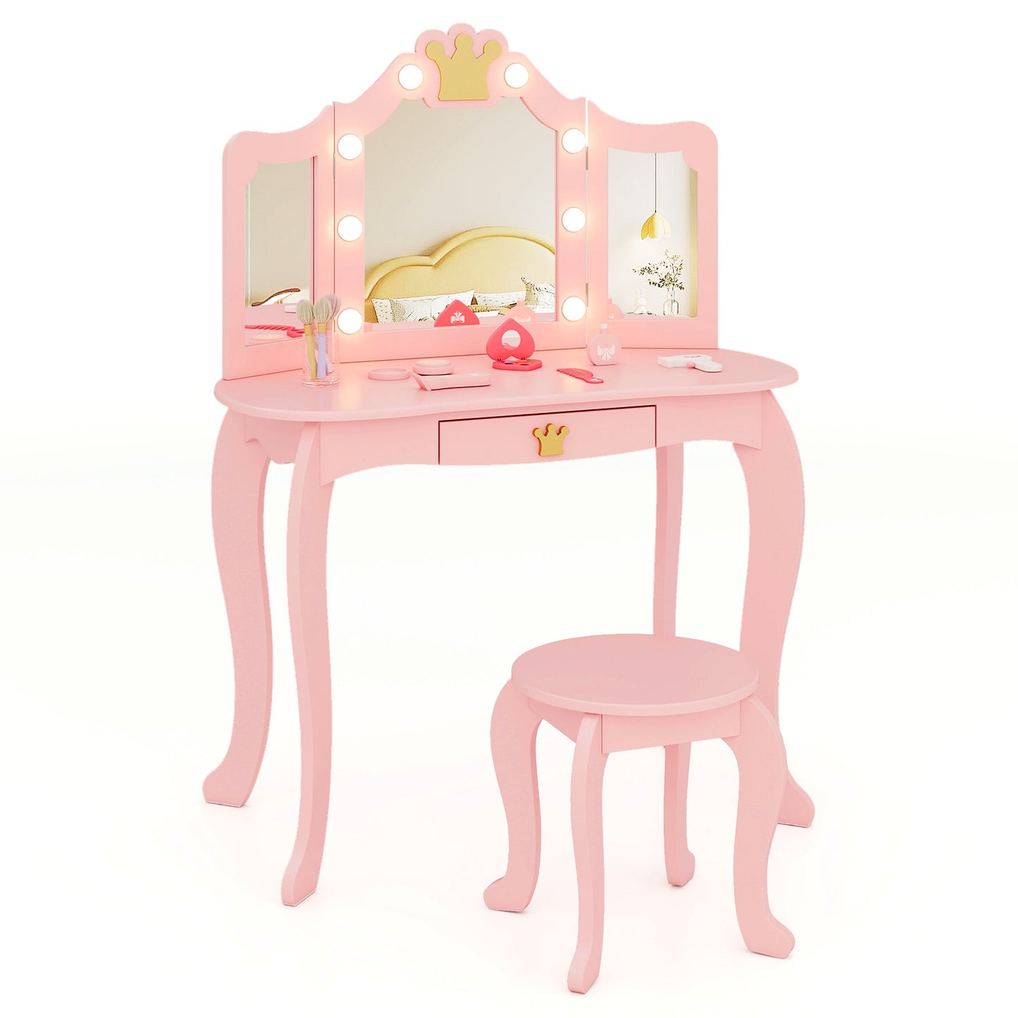 Kids Vanity Set with Tri-fold Lighted Mirror Detachable Top and Stool-Pink Kids Crystal