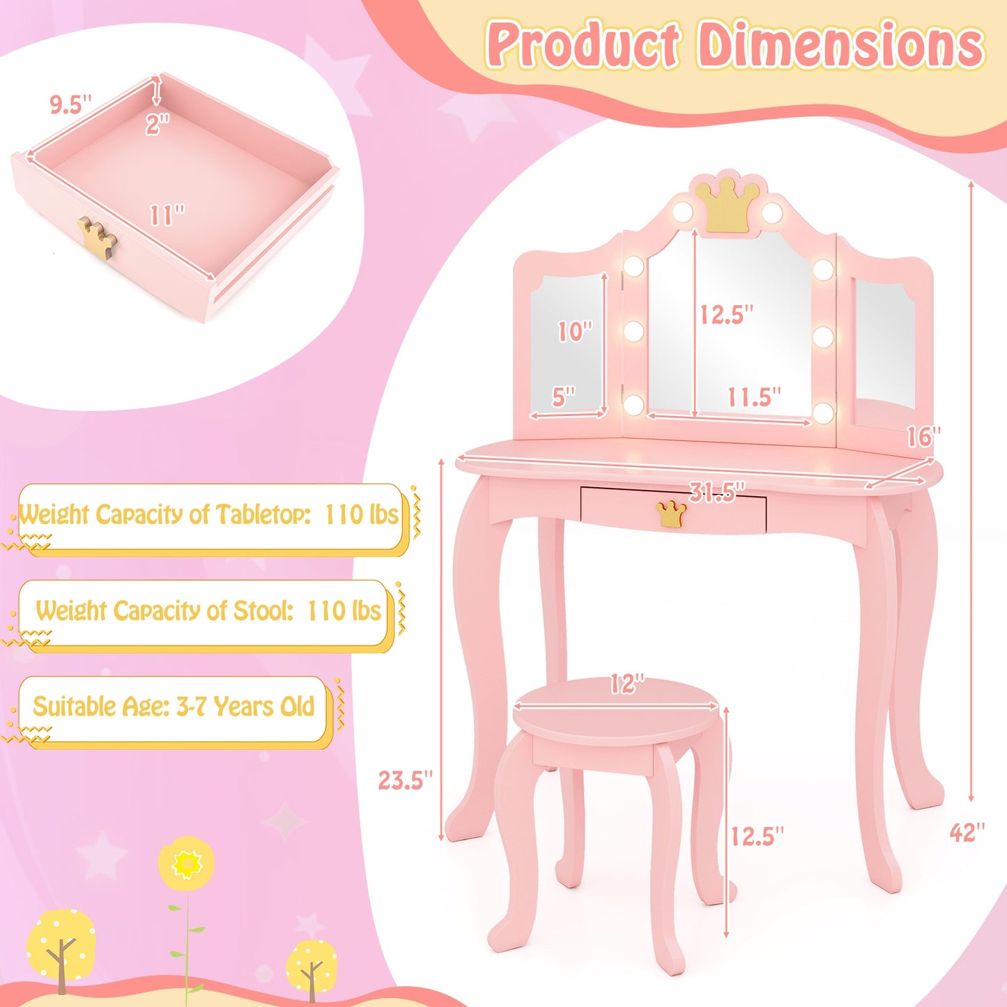 Kids Vanity Set with Tri-fold Lighted Mirror Detachable Top and Stool-Pink Kids Crystal