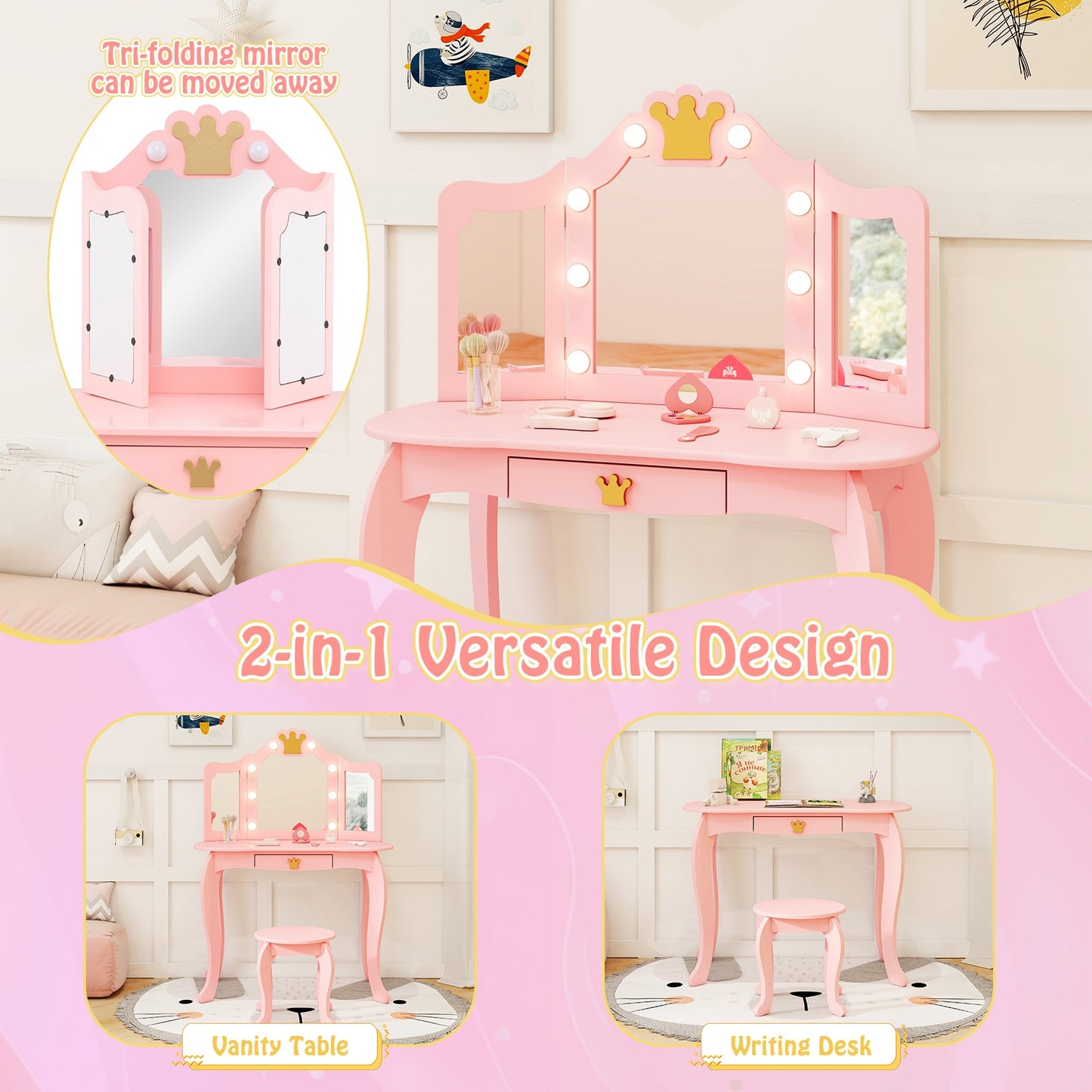 Kids Vanity Set with Tri-fold Lighted Mirror Detachable Top and Stool-Pink Kids Crystal