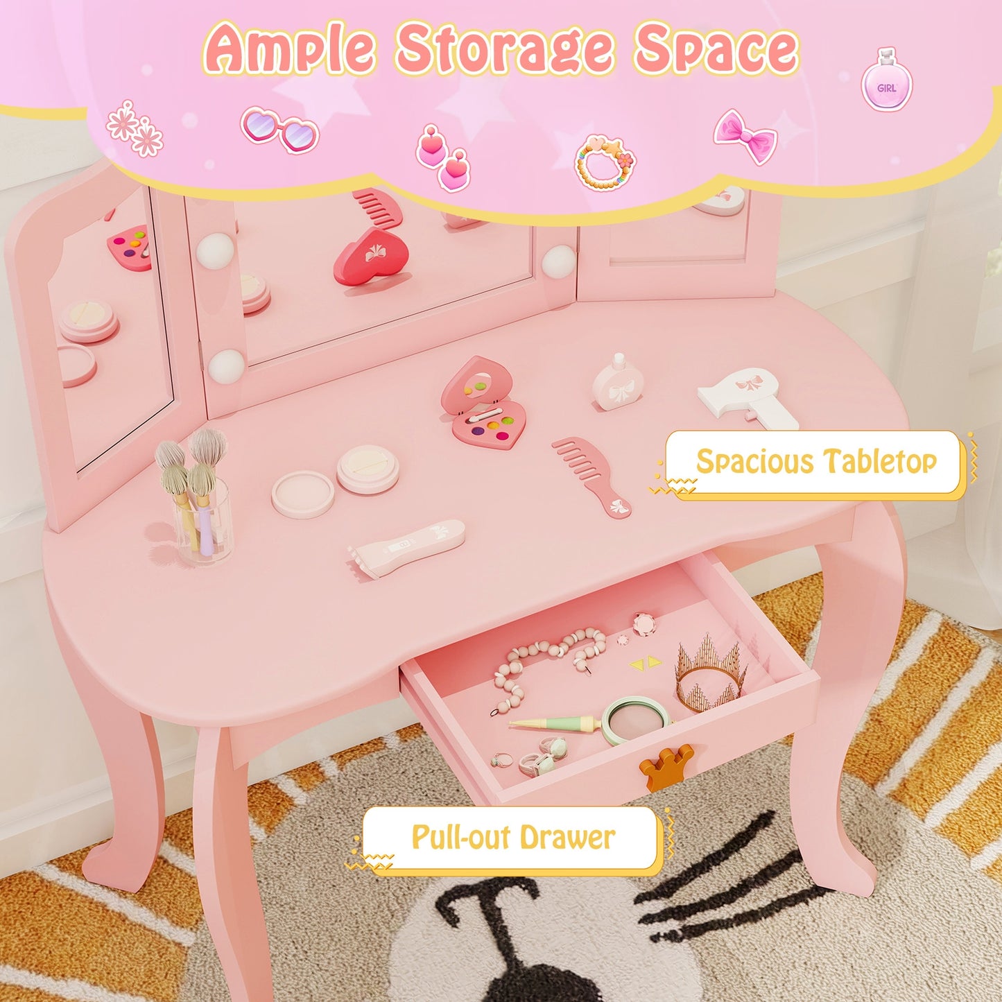 Kids Vanity Set with Tri-fold Lighted Mirror Detachable Top and Stool-Pink Kids Crystal