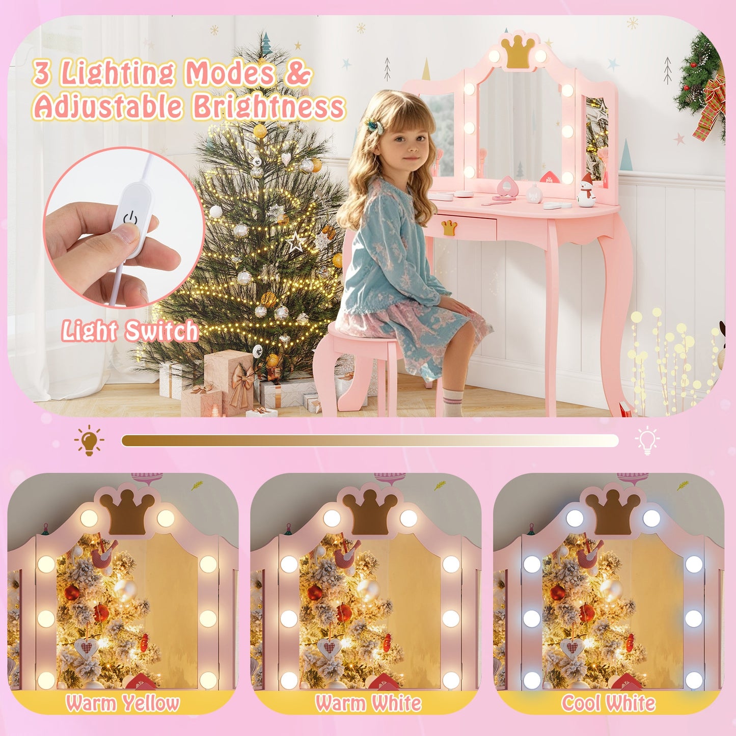 Kids Vanity Set with Tri-fold Lighted Mirror Detachable Top and Stool-Pink Kids Crystal