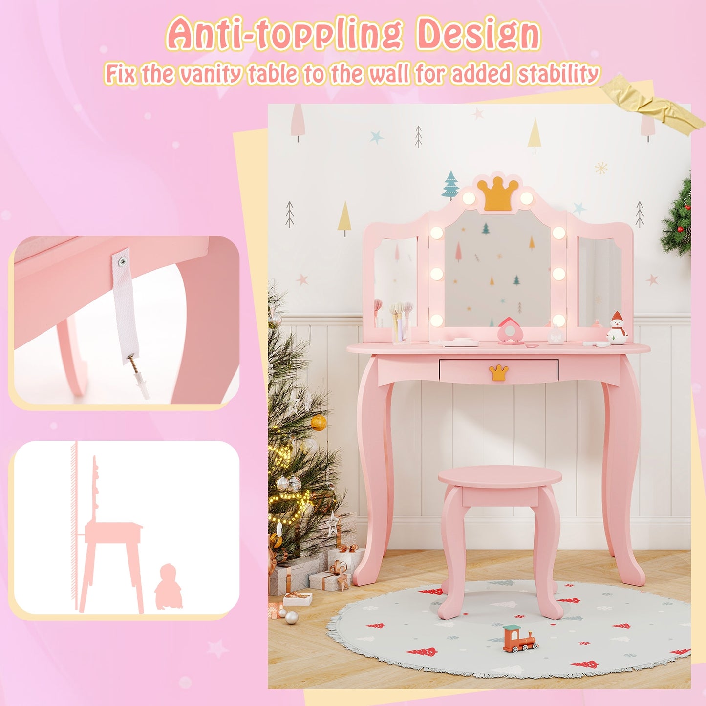 Kids Vanity Set with Tri-fold Lighted Mirror Detachable Top and Stool-Pink Kids Crystal