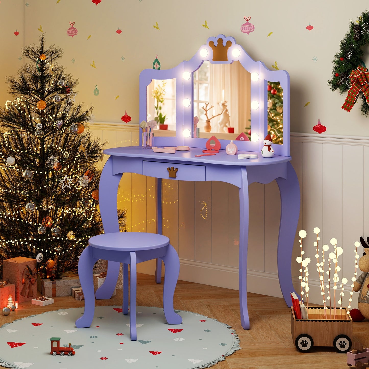 Kids Vanity Set with Tri-fold Lighted Mirror Detachable Top and Stool-Purple Kids Crystal