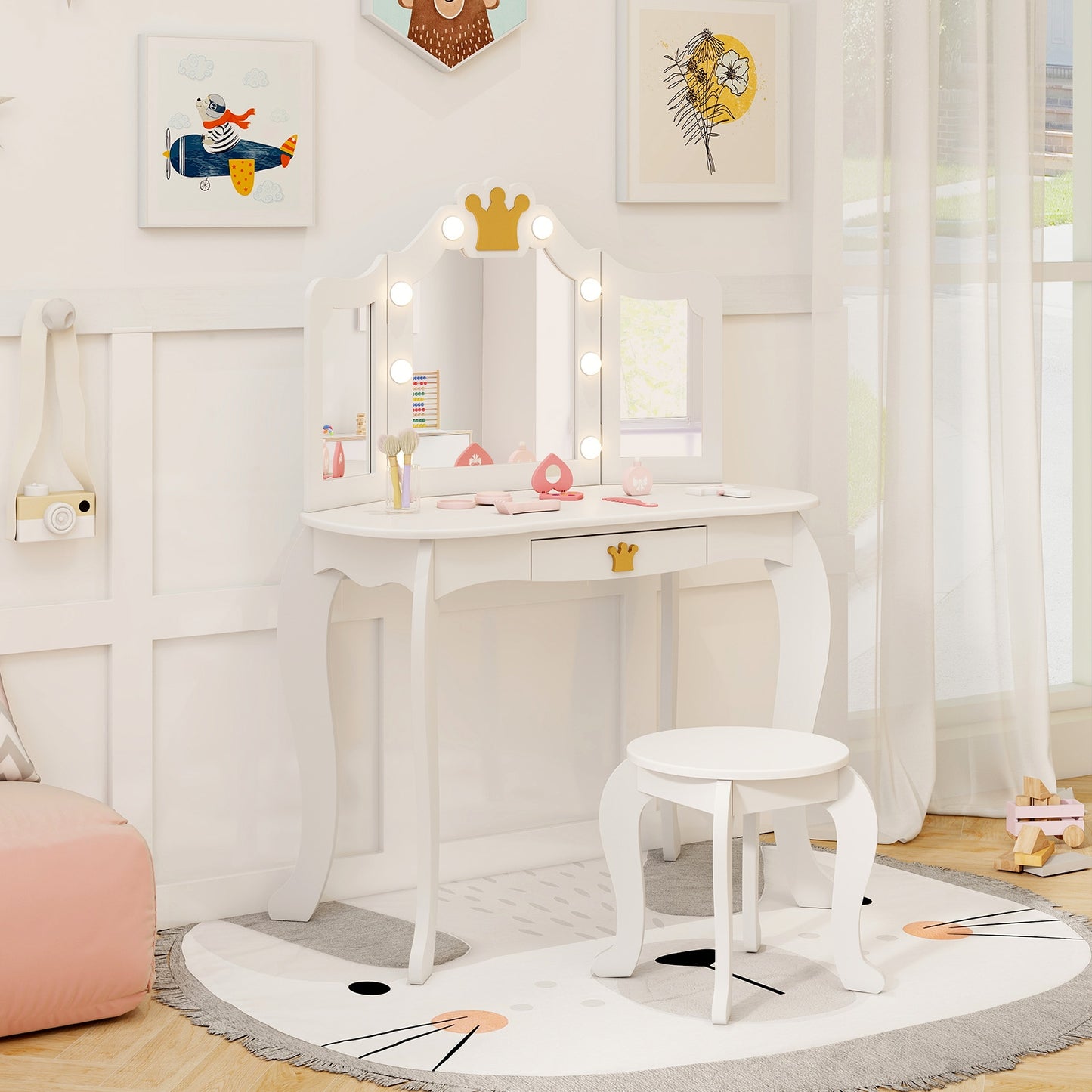 Kids Vanity Set with Tri-fold Lighted Mirror Detachable Top and Stool-White Kids Crystal