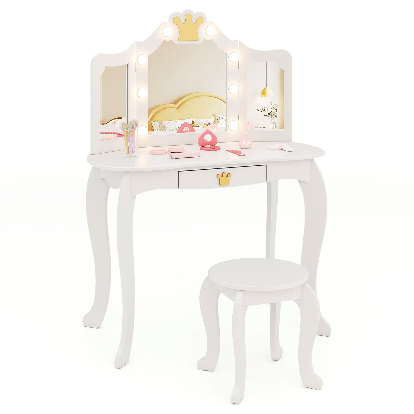 Kids Vanity Set with Tri-fold Lighted Mirror Detachable Top and Stool-White Kids Crystal