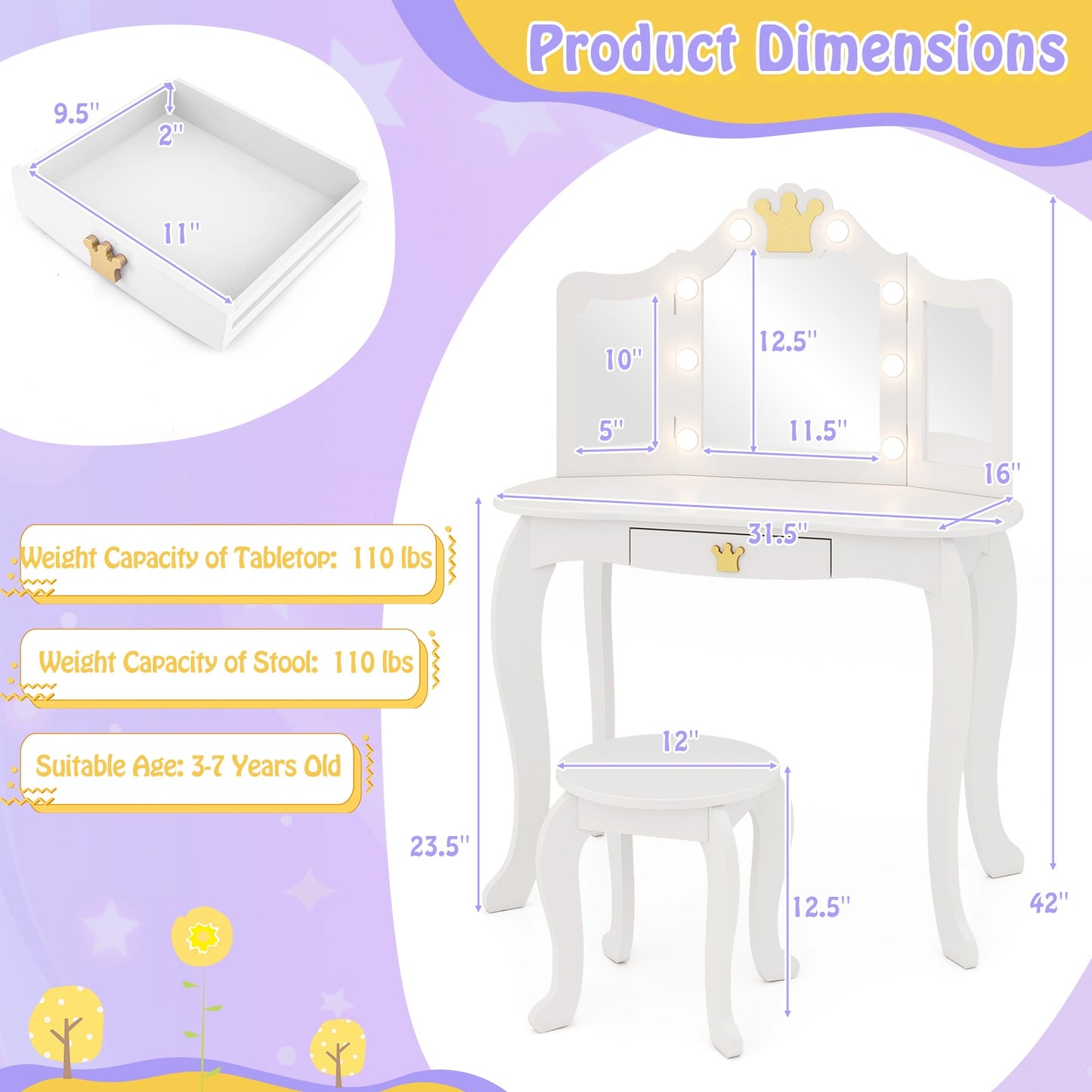 Kids Vanity Set with Tri-fold Lighted Mirror Detachable Top and Stool-White Kids Crystal