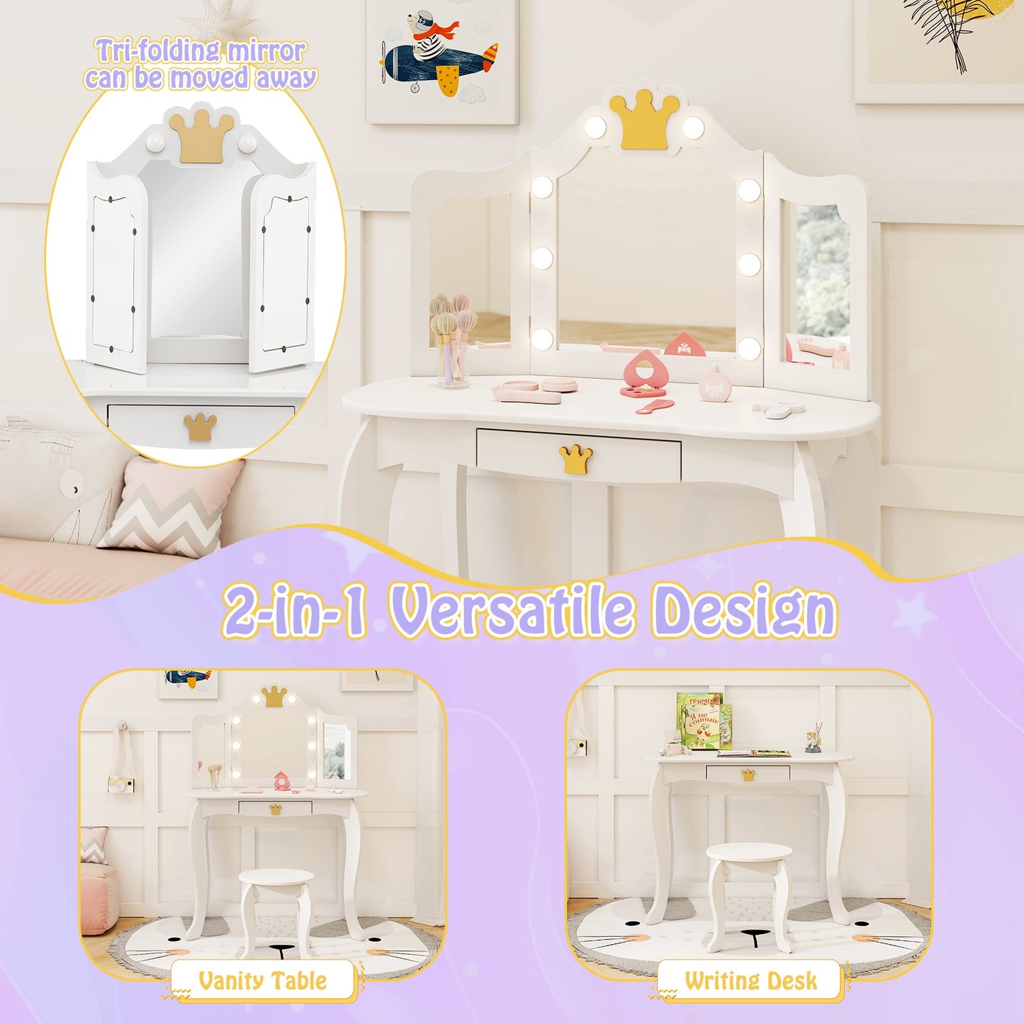 Kids Vanity Set with Tri-fold Lighted Mirror Detachable Top and Stool-White Kids Crystal