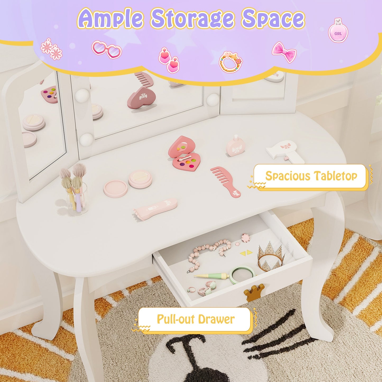 Kids Vanity Set with Tri-fold Lighted Mirror Detachable Top and Stool-White Kids Crystal