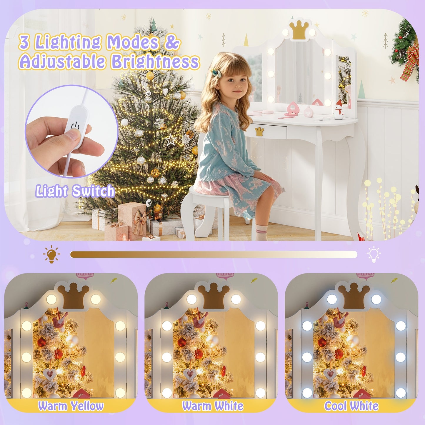 Kids Vanity Set with Tri-fold Lighted Mirror Detachable Top and Stool-White Kids Crystal