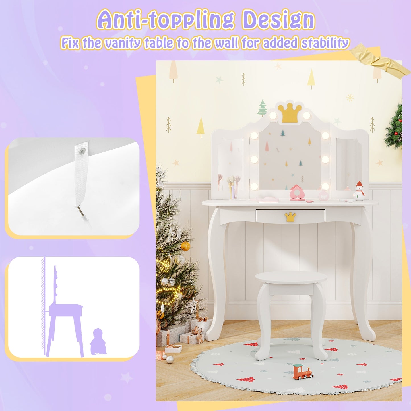 Kids Vanity Set with Tri-fold Lighted Mirror Detachable Top and Stool-White Kids Crystal