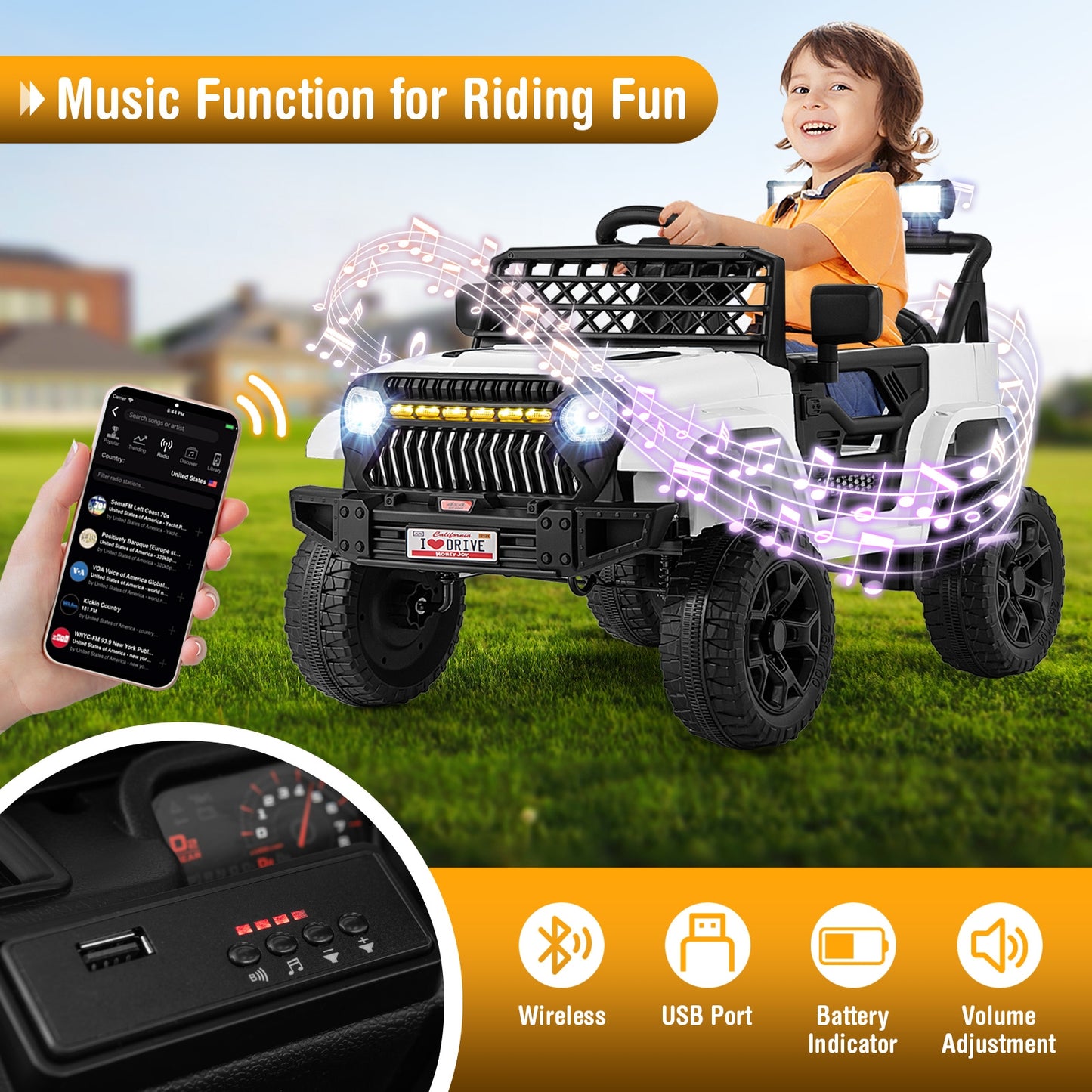 12V Kids Ride on Truck Car with Parental Remote and Music Player-White