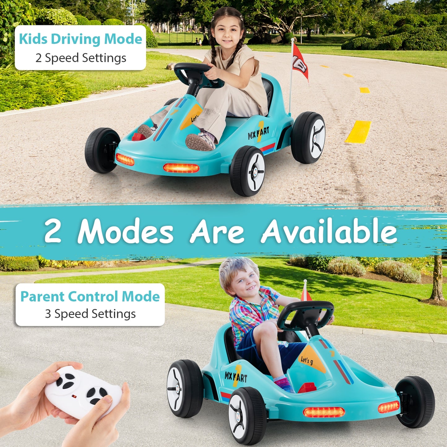 12V Electric Go Kart for Kids Race Toy with Remote Control and Music-Blue Kids Crystal