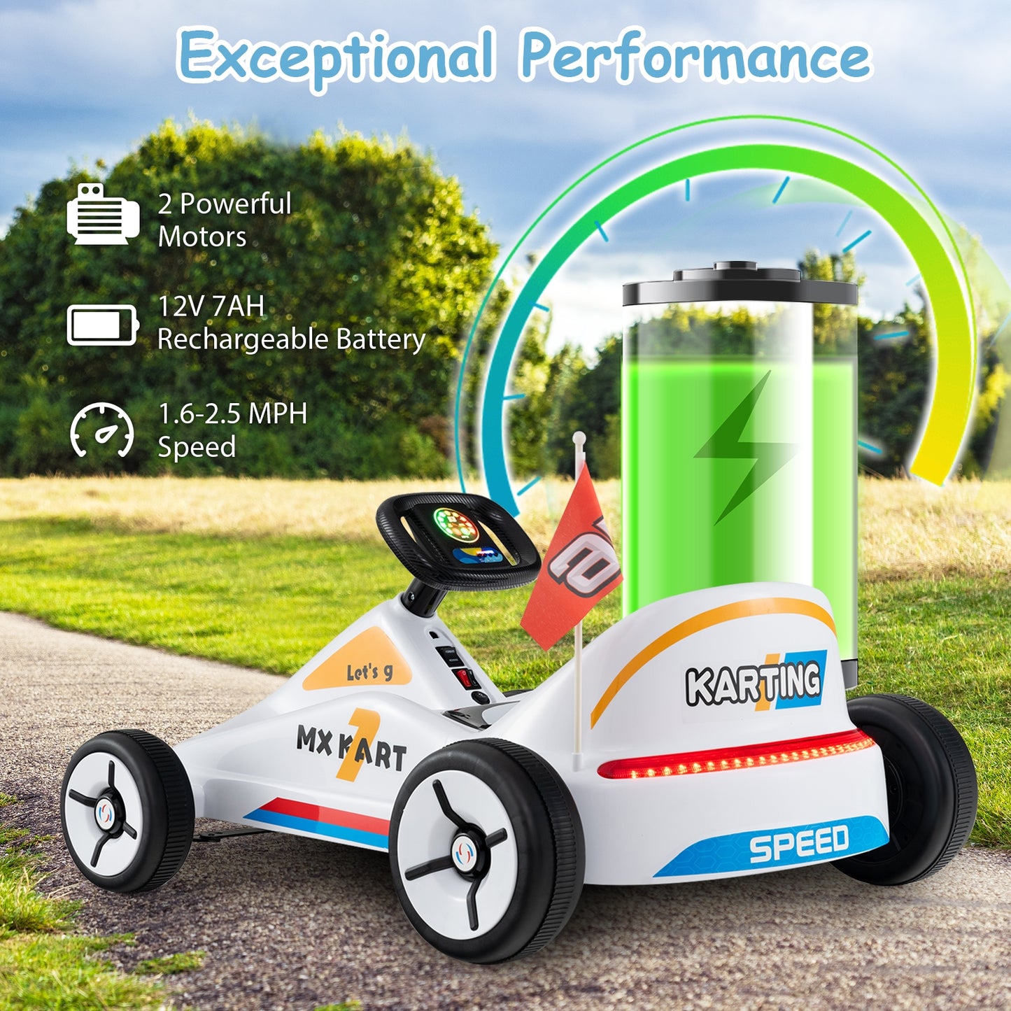 12V Electric Go Kart for Kids Race Toy with Remote Control and Music-White
