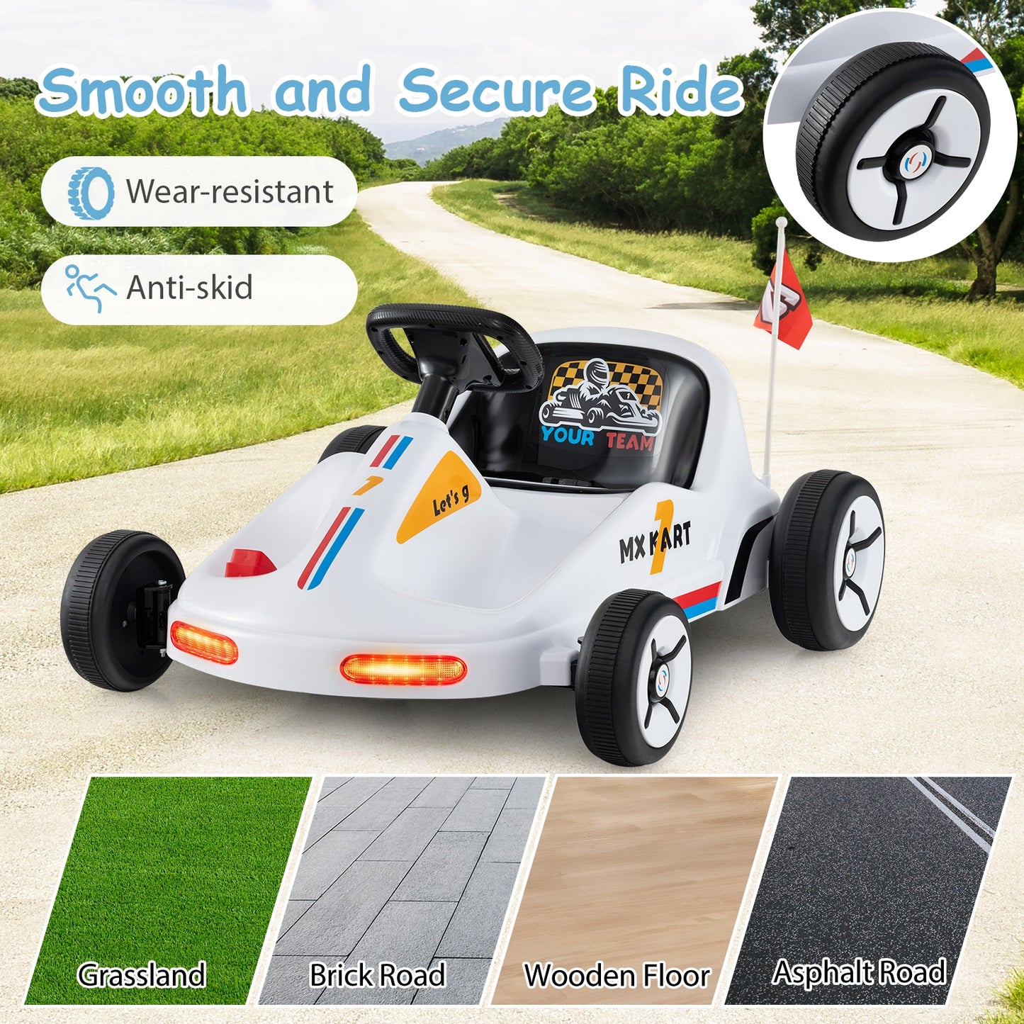 12V Electric Go Kart for Kids Race Toy with Remote Control and Music-White Kids Crystal