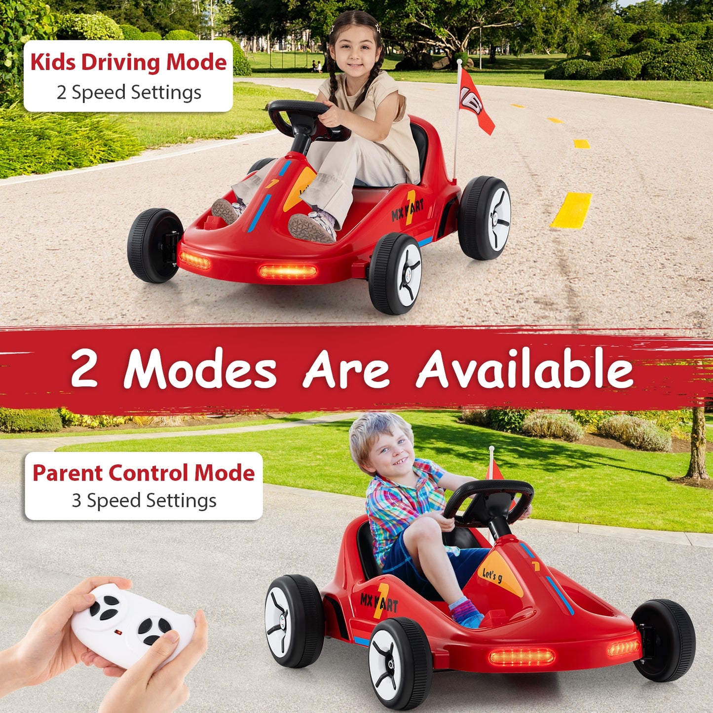 12V Electric Go Kart for Kids Race Toy with Remote Control and Music-Red Kids Crystal