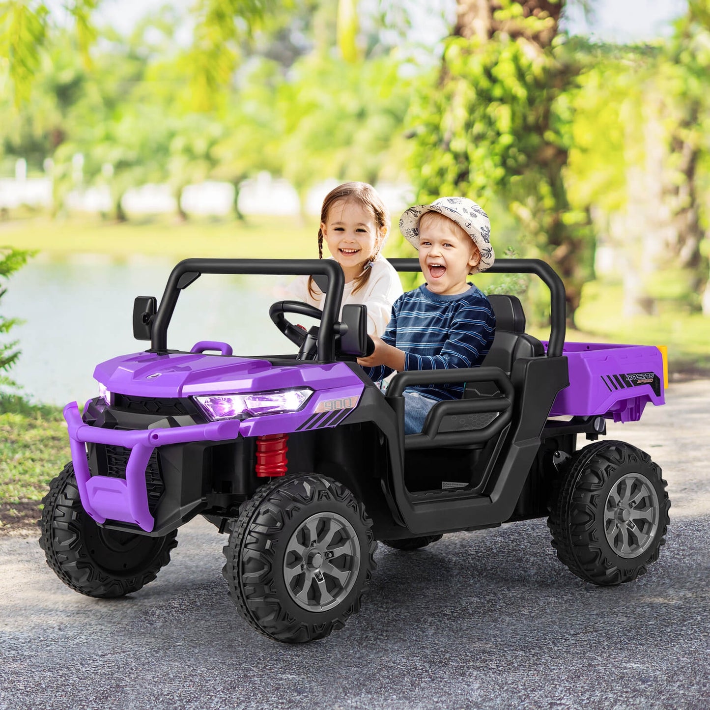 2-Seater Kids Ride On Dump Truck with Dump Bed and Shovel-Purple