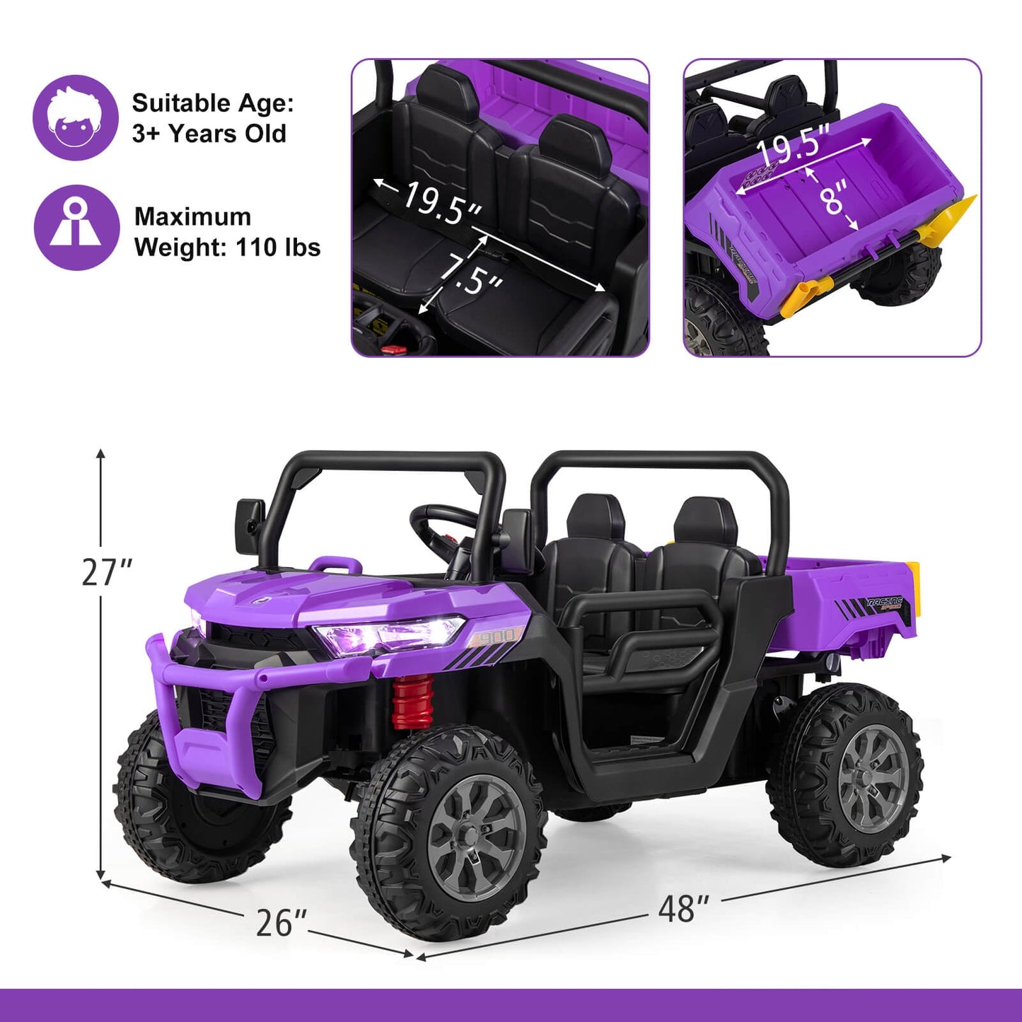 2-Seater Kids Ride On Dump Truck with Dump Bed and Shovel-Purple