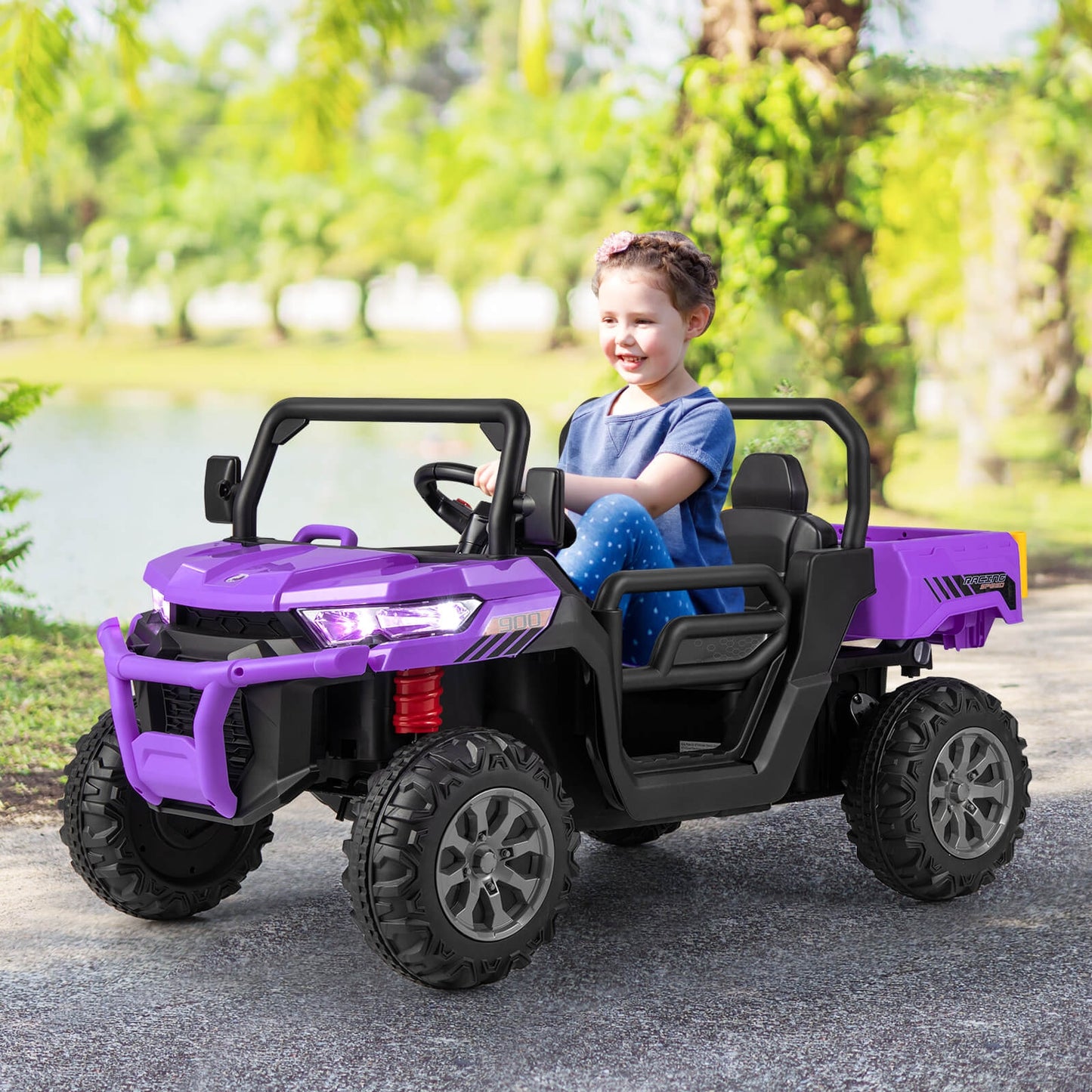 2-Seater Kids Ride On Dump Truck with Dump Bed and Shovel-Purple