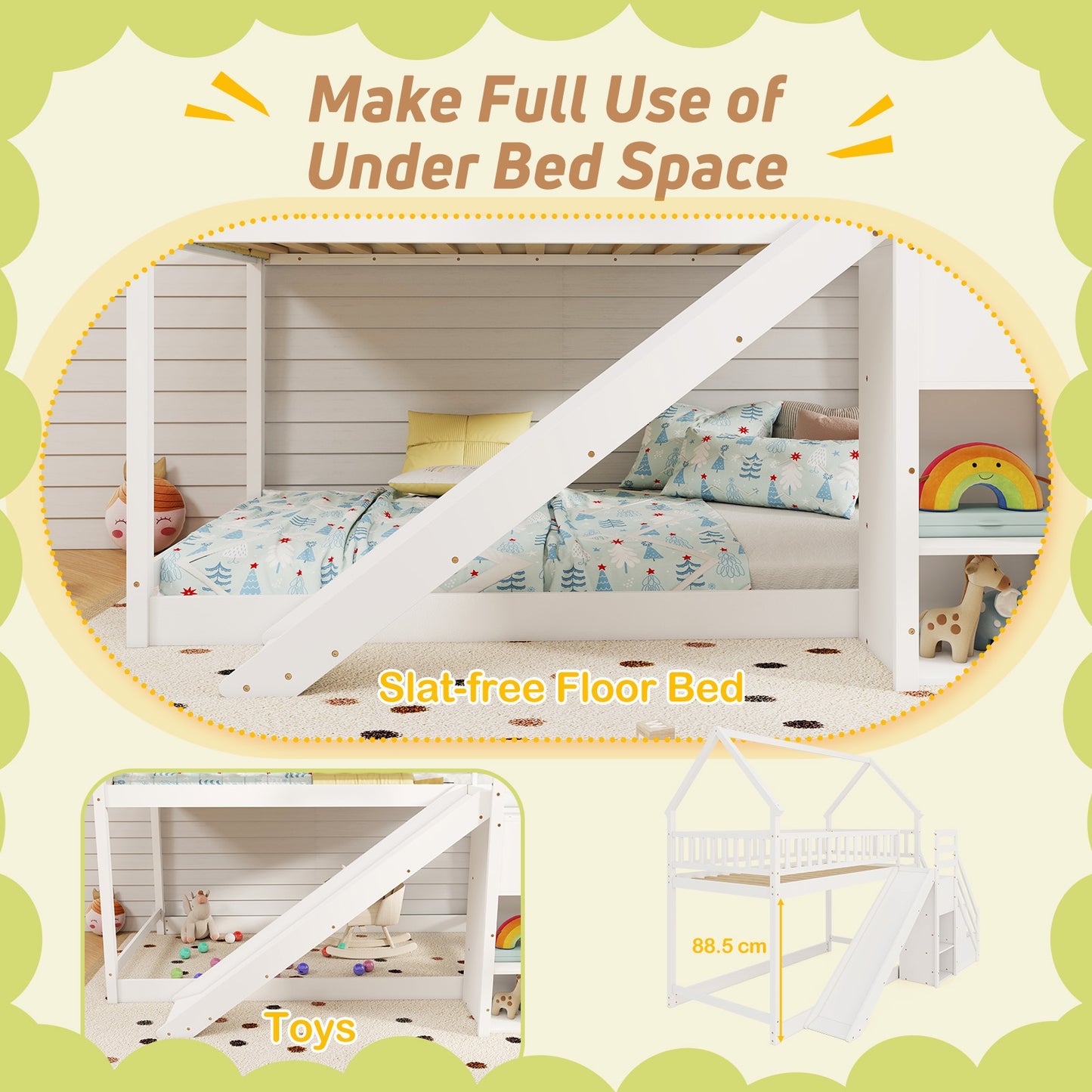 Twin Over Twin Bunk Bed with Slide and Staircase-White Kids Crystal