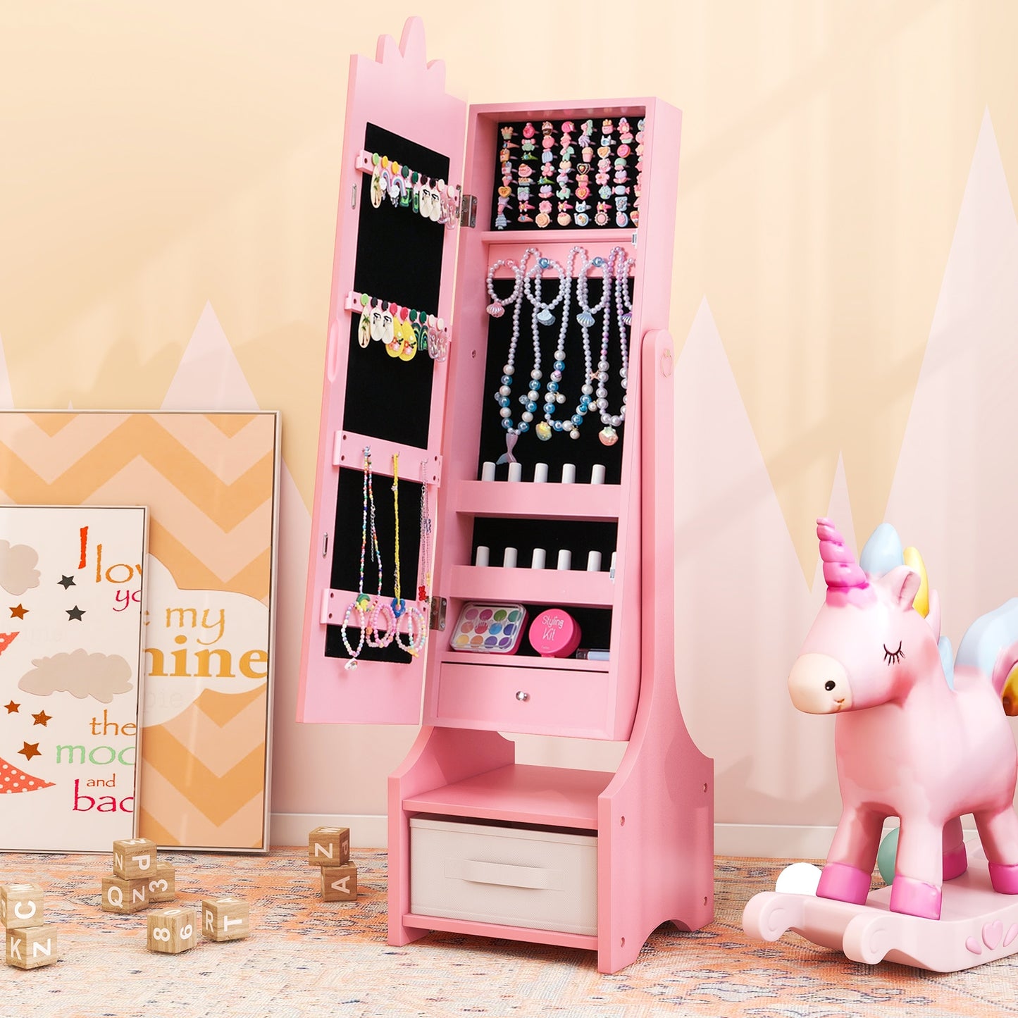 Kids Jewelry Cabinet with Full-Length Mirror for Kids Bedroom and Playroom-Pink Kids Crystal