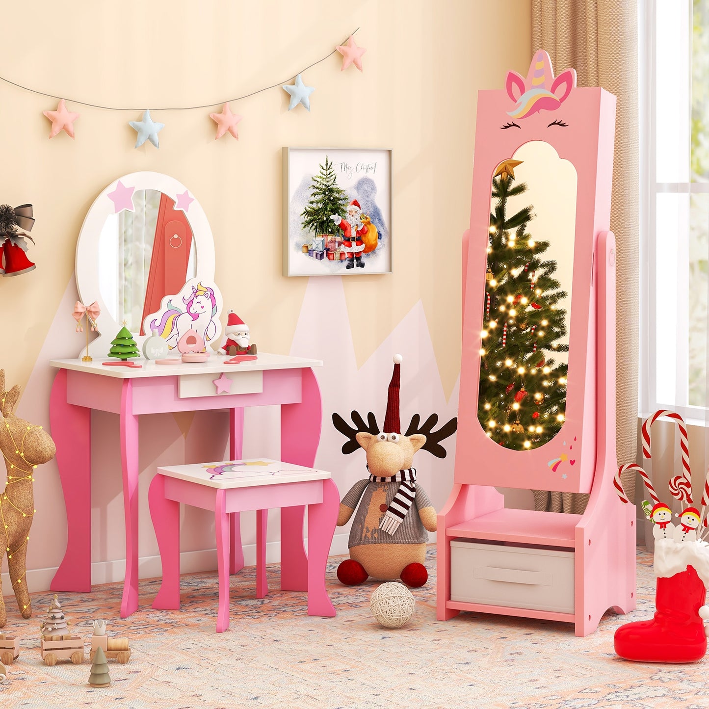 Kids Jewelry Cabinet with Full-Length Mirror for Kids Bedroom and Playroom-Pink Kids Crystal