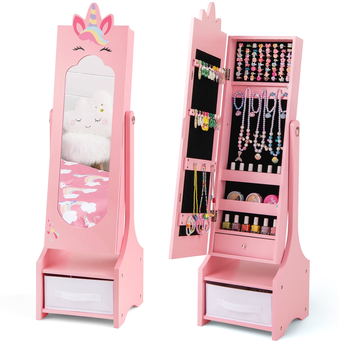Kids Jewelry Cabinet with Full-Length Mirror for Kids Bedroom and Playroom-Pink Kids Crystal