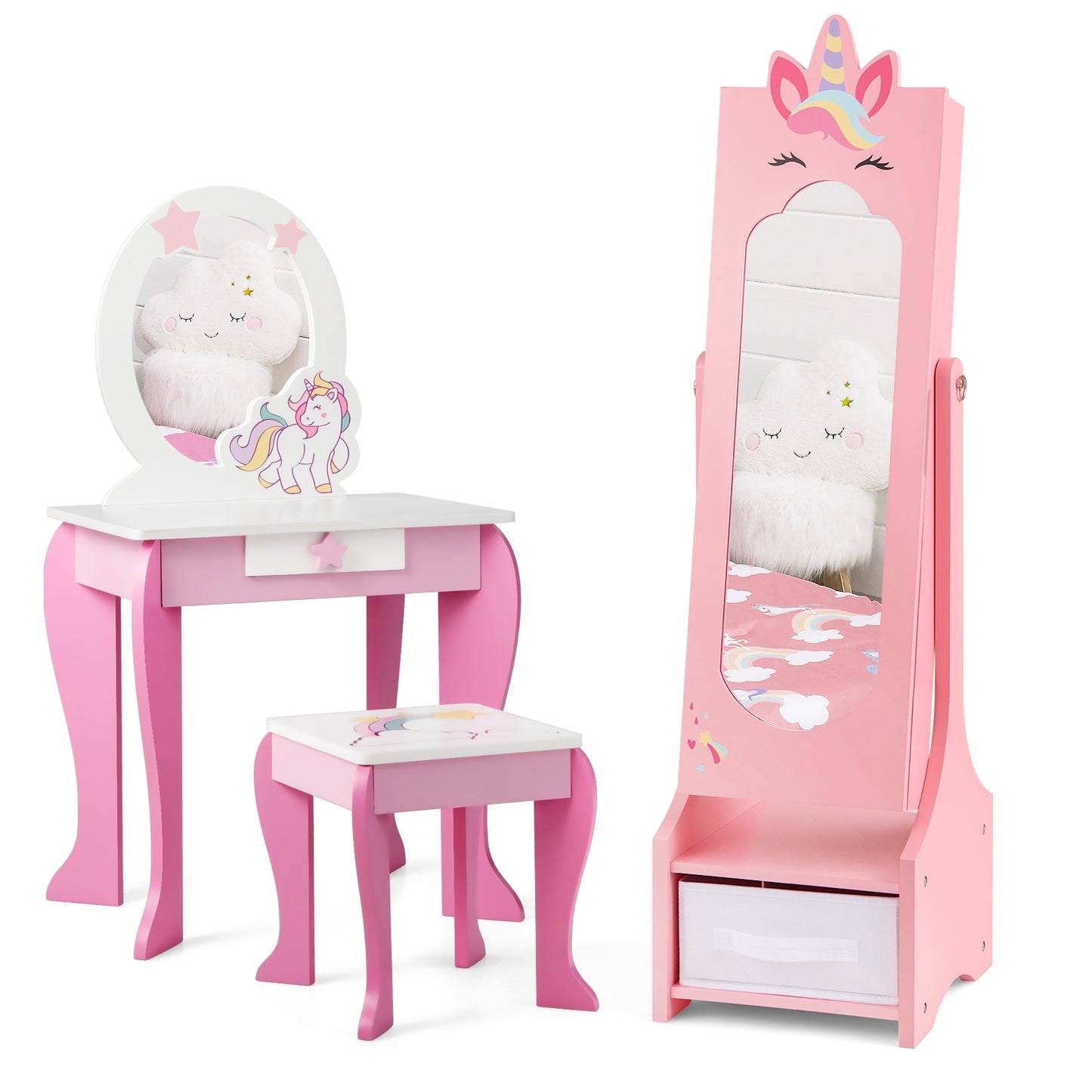 Kids Jewelry Cabinet with Full-Length Mirror for Kids Bedroom and Playroom-Pink Kids Crystal