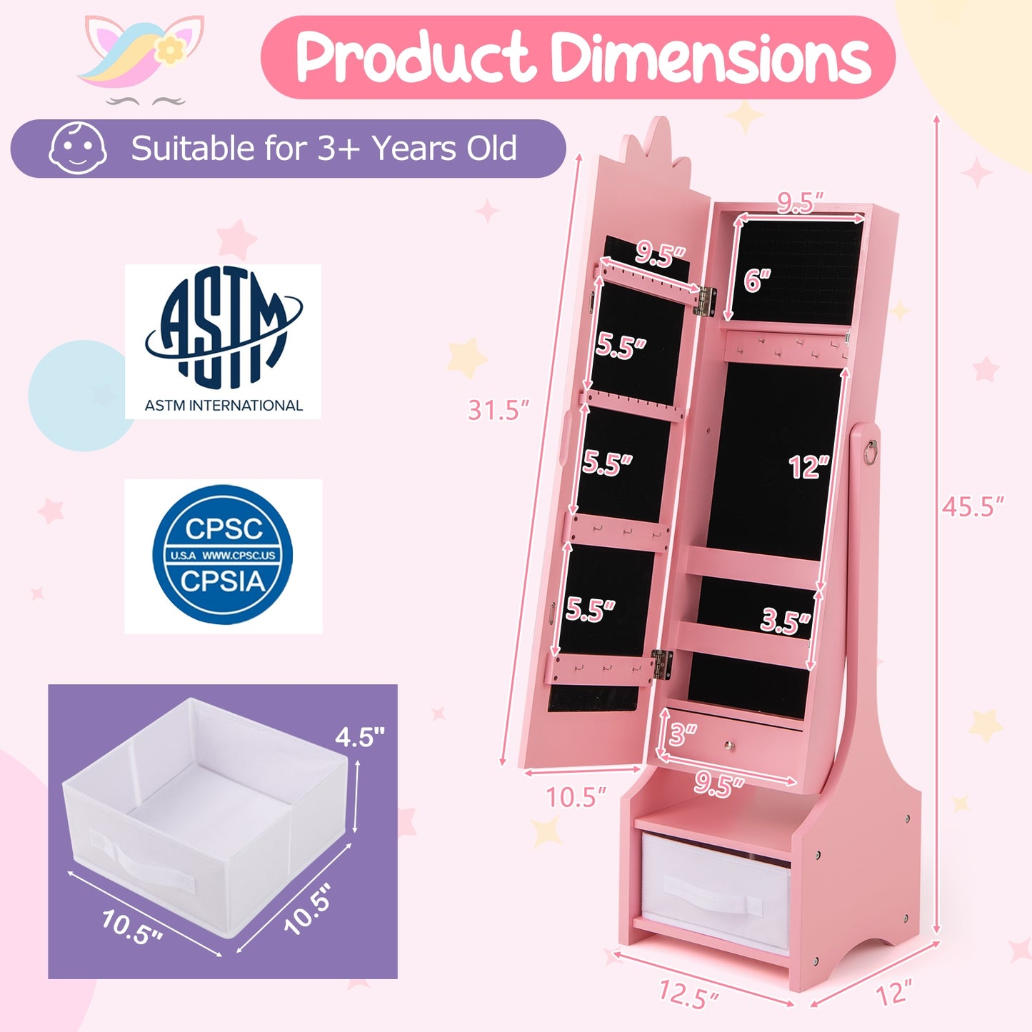 Kids Jewelry Cabinet with Full-Length Mirror for Kids Bedroom and Playroom-Pink Kids Crystal