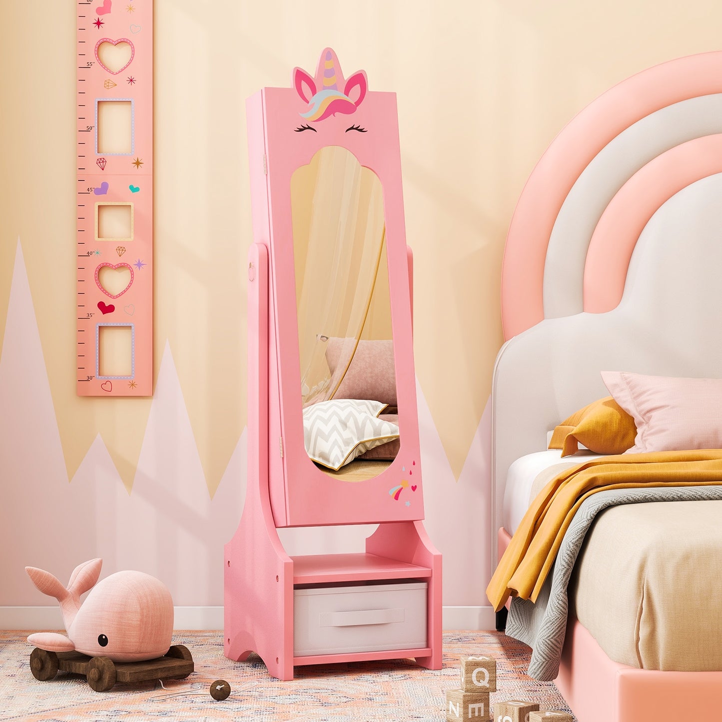 Kids Jewelry Cabinet with Full-Length Mirror for Kids Bedroom and Playroom-Pink Kids Crystal