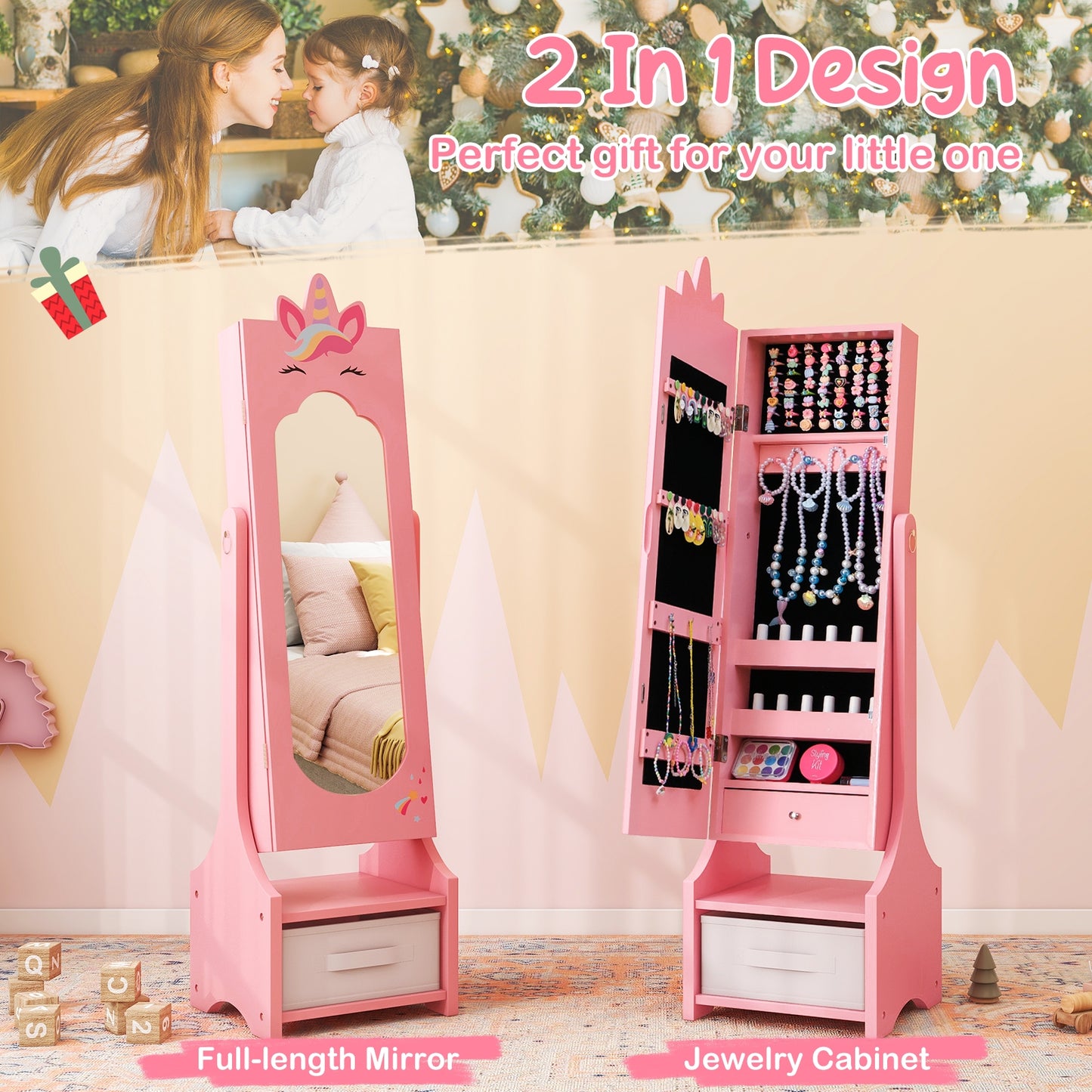 Kids Jewelry Cabinet with Full-Length Mirror for Kids Bedroom and Playroom-Pink Kids Crystal