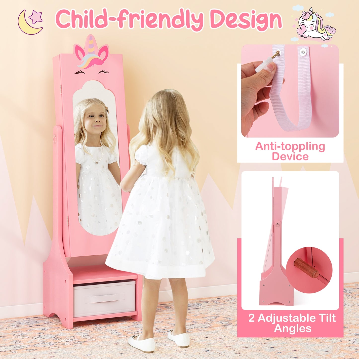 Kids Jewelry Cabinet with Full-Length Mirror for Kids Bedroom and Playroom-Pink Kids Crystal
