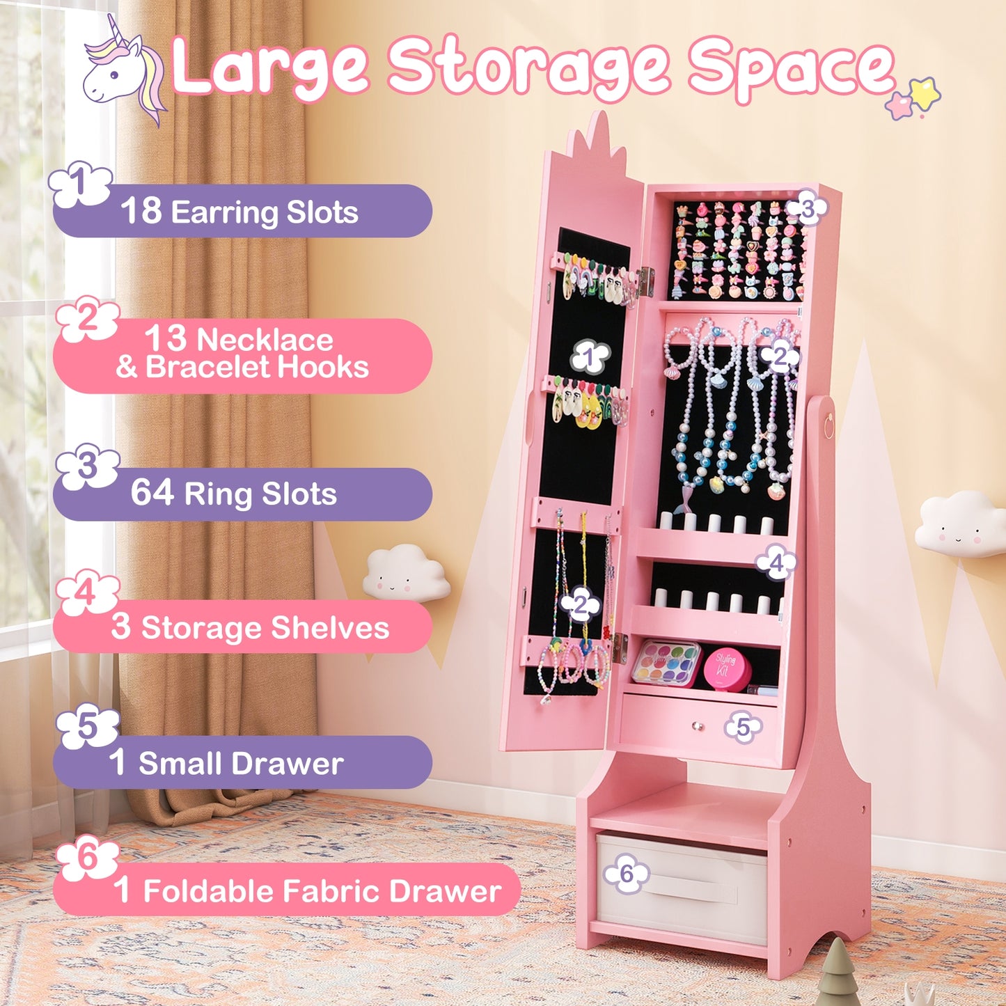 Kids Jewelry Cabinet with Full-Length Mirror for Kids Bedroom and Playroom-Pink Kids Crystal