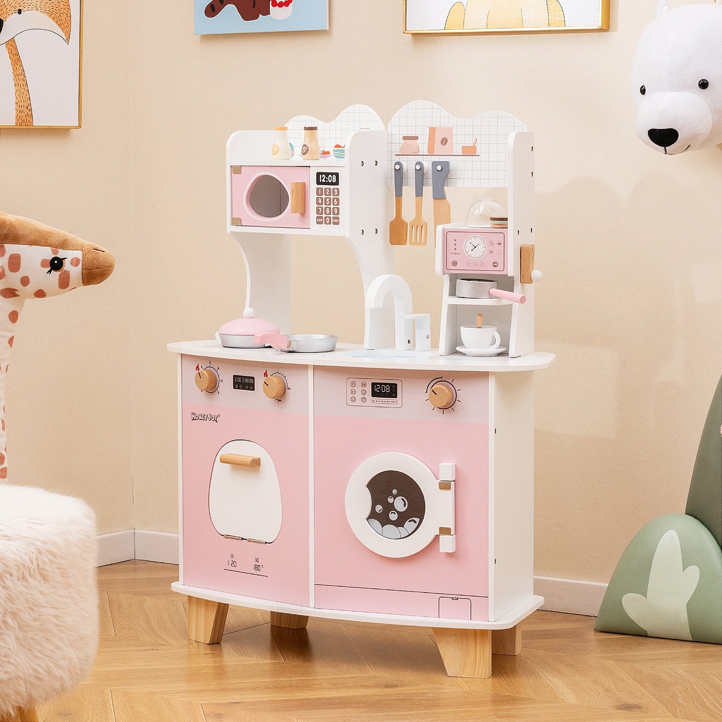 Wooden Kids Kitchen Playset with Coffee Maker for kids-Pink Kids Crystal
