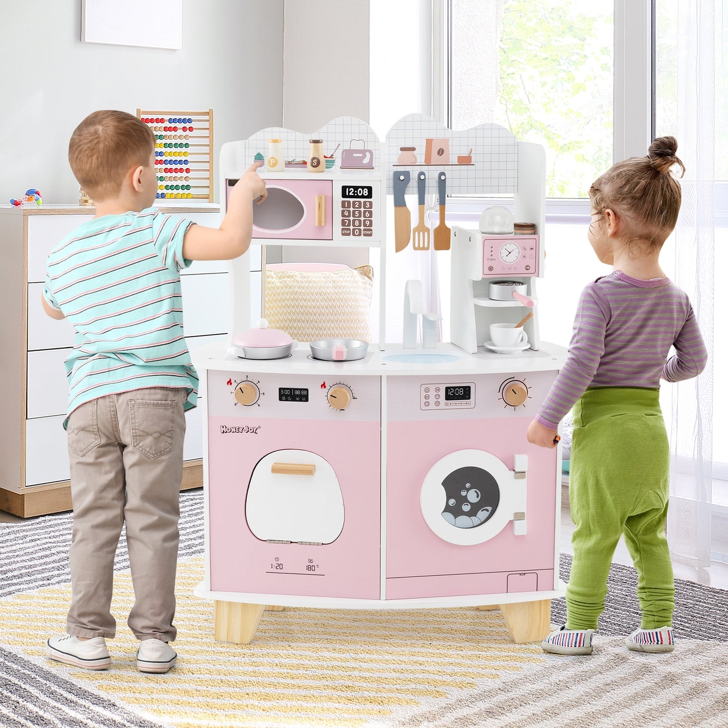 Wooden Kids Kitchen Playset with Coffee Maker for kids-Pink Kids Crystal