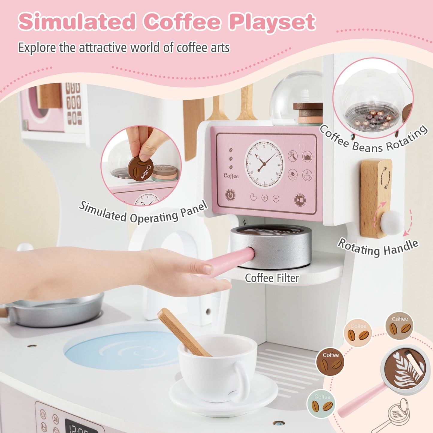 Wooden Kids Kitchen Playset with Coffee Maker for kids-Pink Kids Crystal