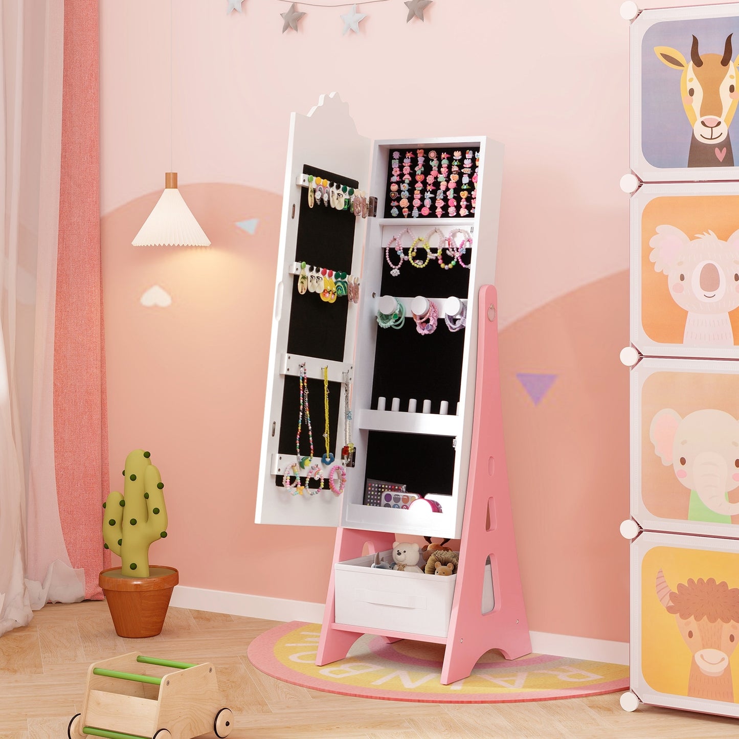 Kids Jewelry Cabinet with Full-Length Mirror and Foldable Drawer-White Kids Crystal