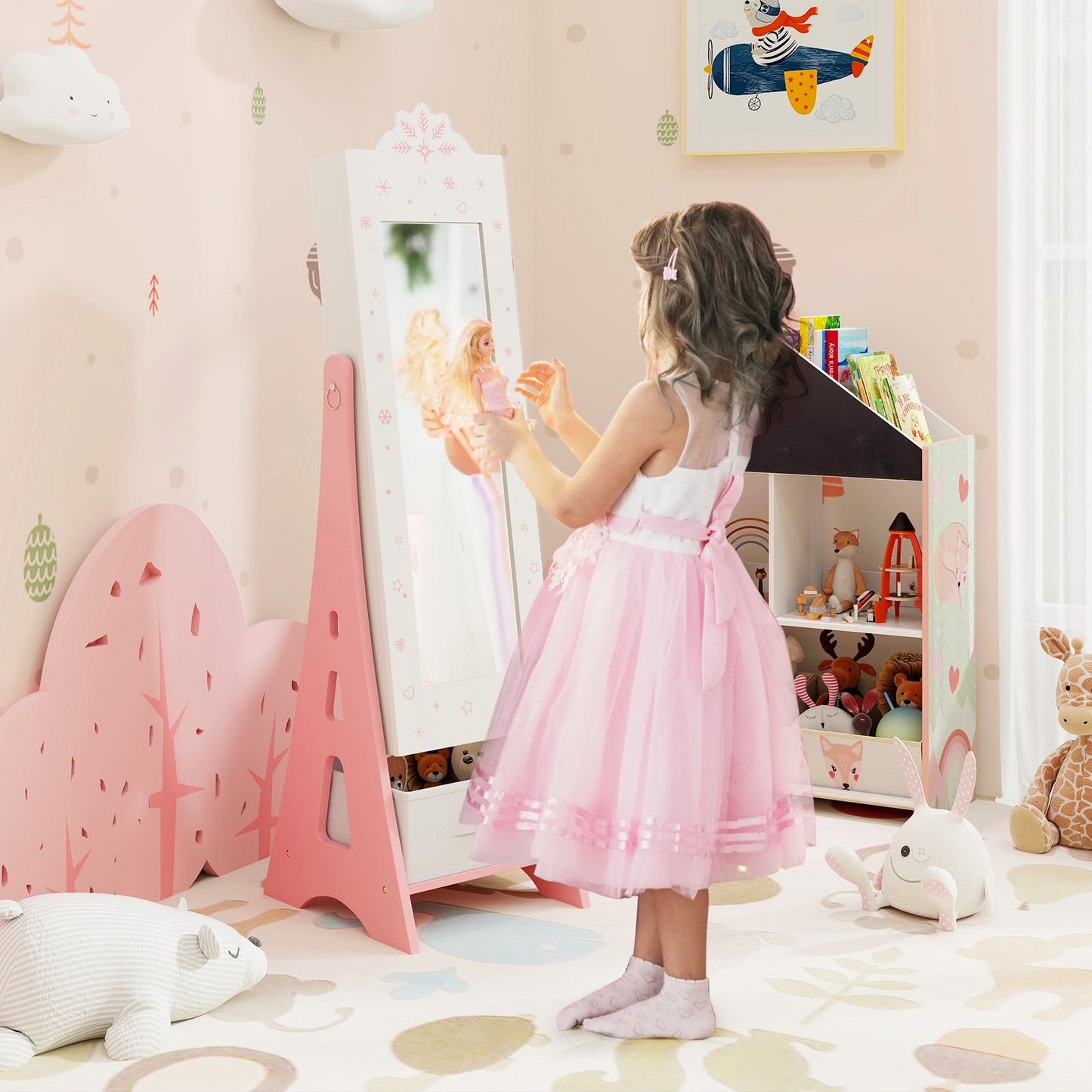 Kids Jewelry Cabinet with Full-Length Mirror and Foldable Drawer-White Kids Crystal