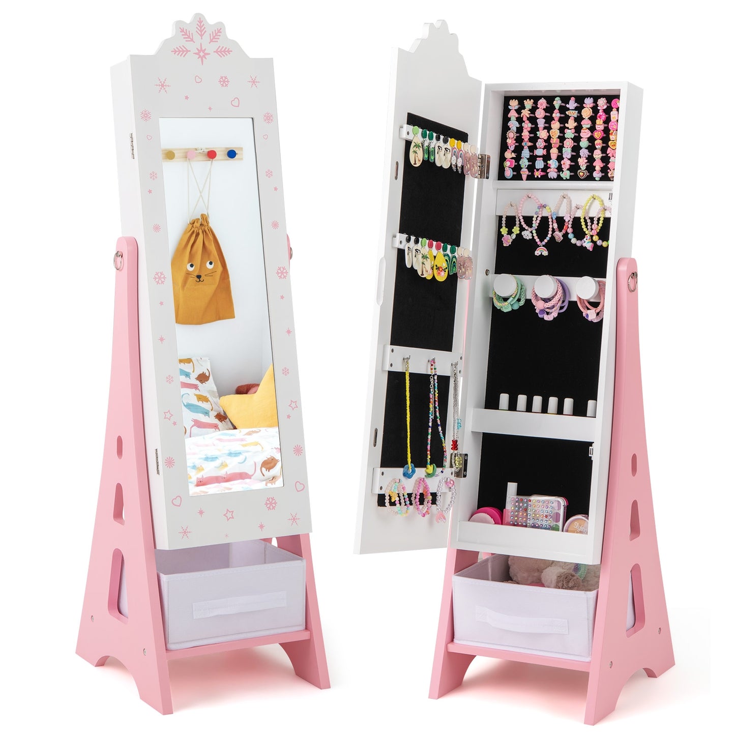 Kids Jewelry Cabinet with Full-Length Mirror and Foldable Drawer-White Kids Crystal
